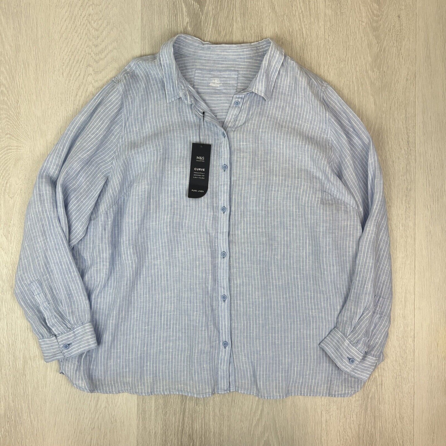 M&S Curve Womens 100% Linen Blue Button Up Shirt Size 26 UK (New)