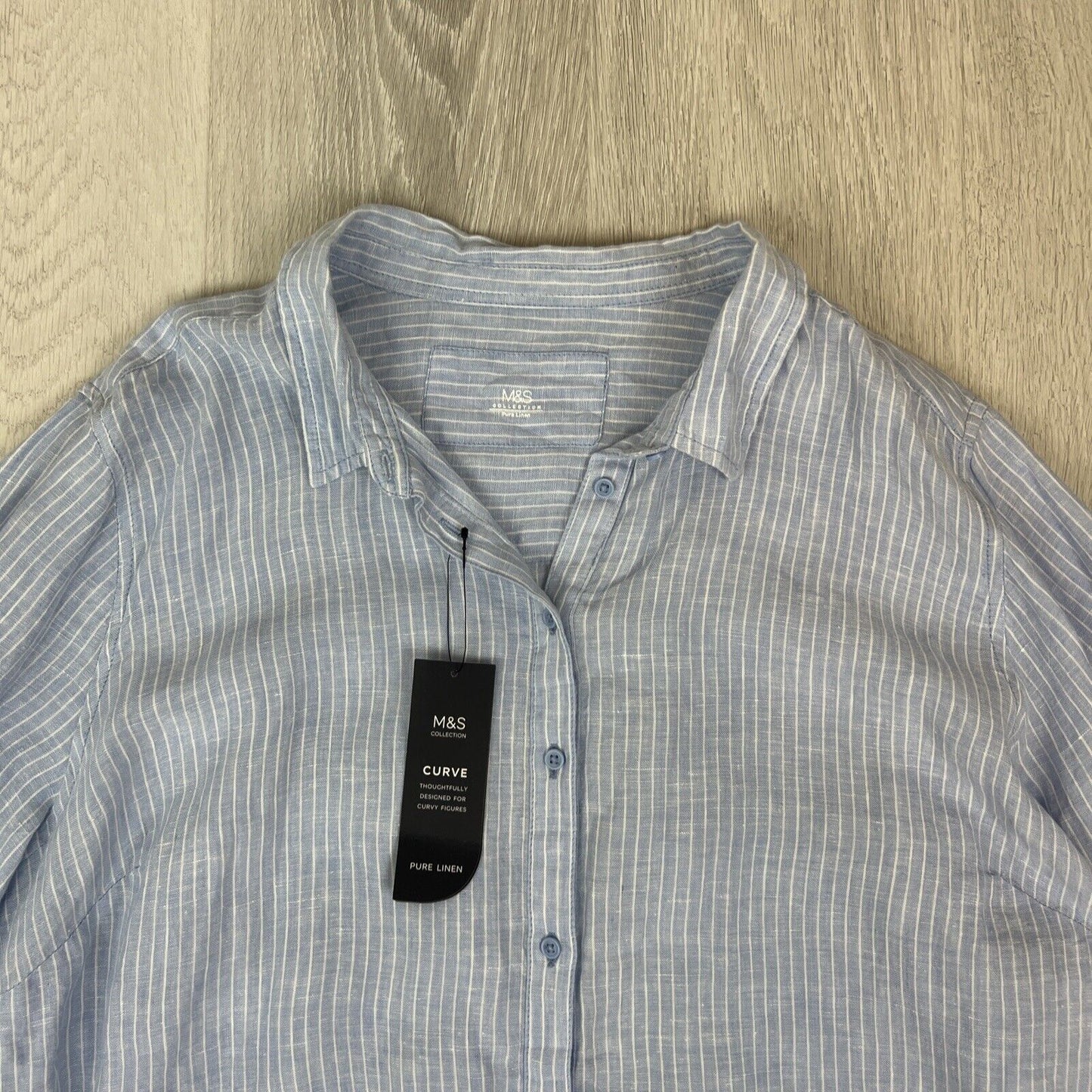 M&S Curve Womens 100% Linen Blue Button Up Shirt Size 26 UK (New)