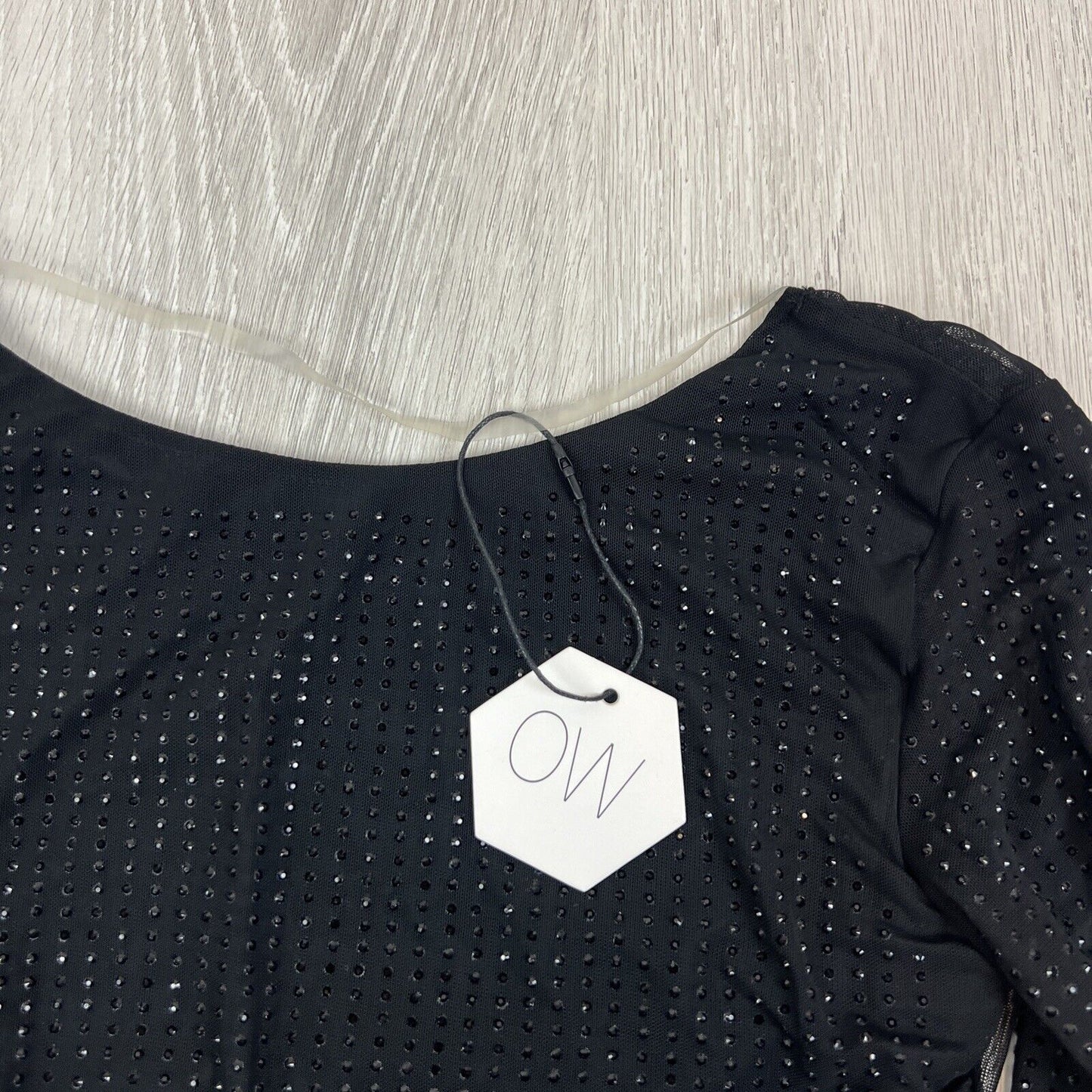 OW Womens Black Long Sleeve Plunging Bakc MESHA Rhinestone Blouse Size S (New)