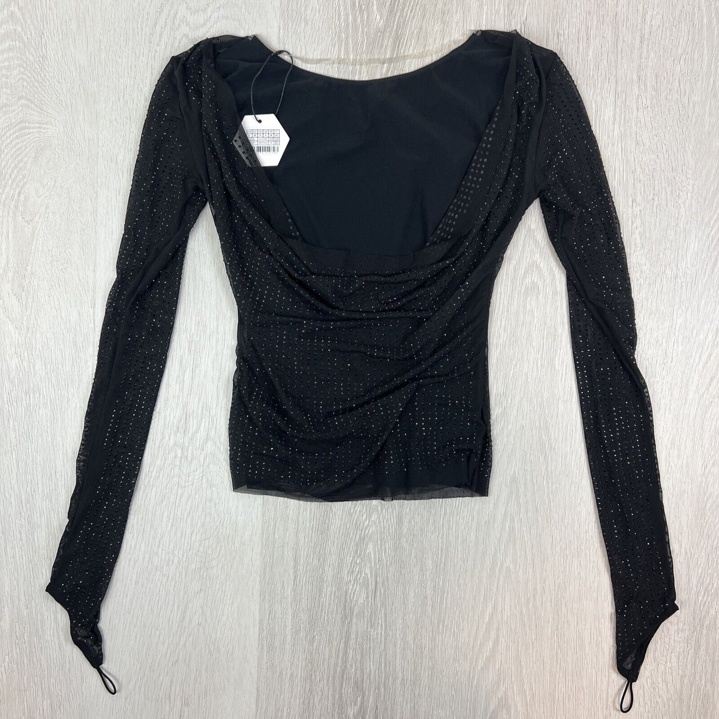 OW Womens Black Long Sleeve Plunging Bakc MESHA Rhinestone Blouse Size S (New)