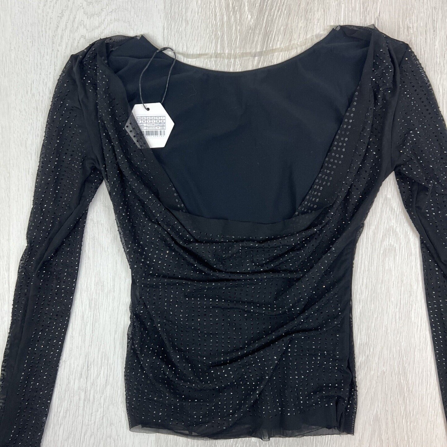OW Womens Black Long Sleeve Plunging Bakc MESHA Rhinestone Blouse Size S (New)