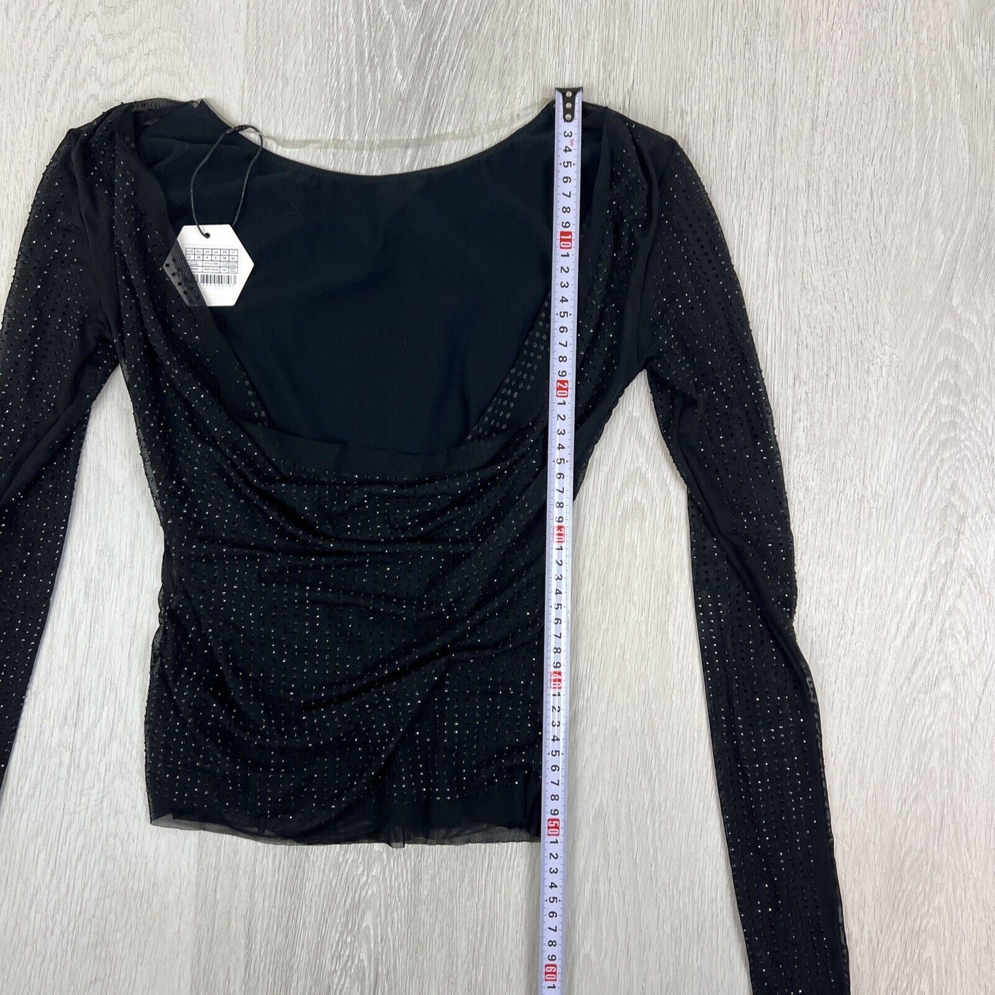 OW Womens Black Long Sleeve Plunging Bakc MESHA Rhinestone Blouse Size S (New)