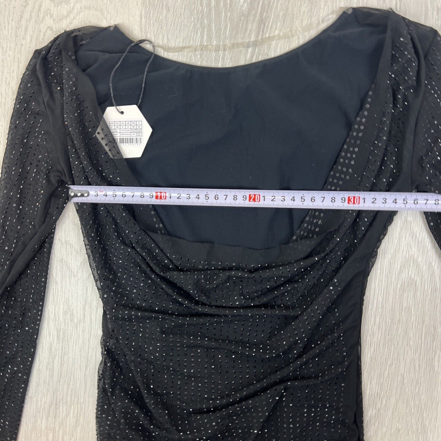 OW Womens Black Long Sleeve Plunging Bakc MESHA Rhinestone Blouse Size S (New)