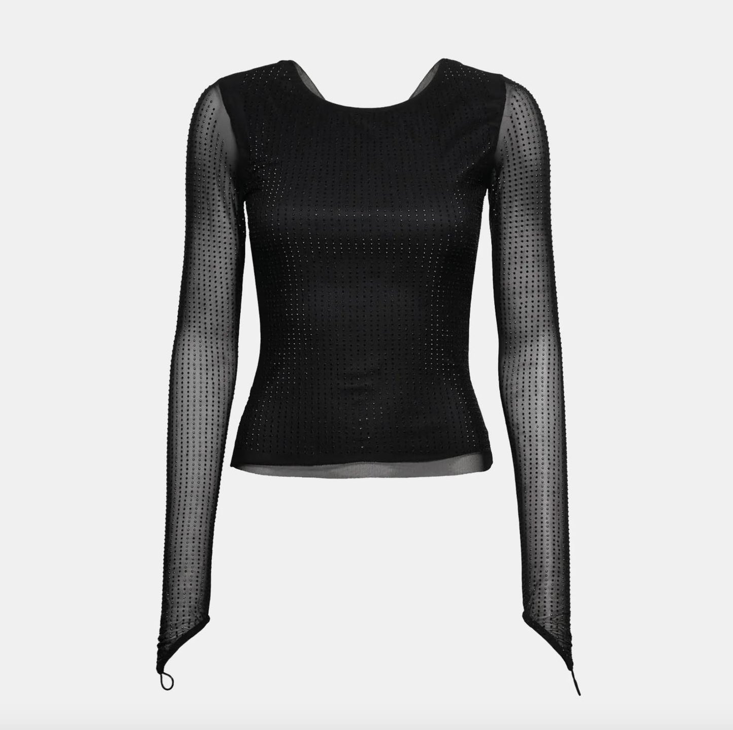 OW Womens Black Long Sleeve Plunging Bakc MESHA Rhinestone Blouse Size S (New)
