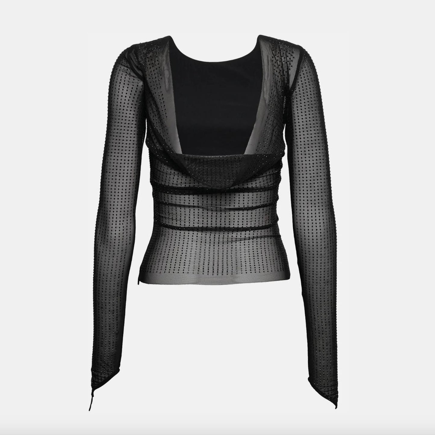 OW Womens Black Long Sleeve Plunging Bakc MESHA Rhinestone Blouse Size S (New)