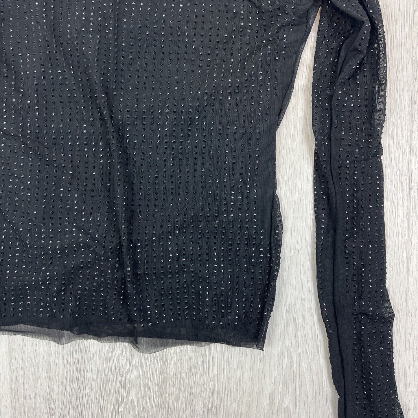 OW Womens Black Long Sleeve Plunging Bakc MESHA Rhinestone Blouse Size S (New)