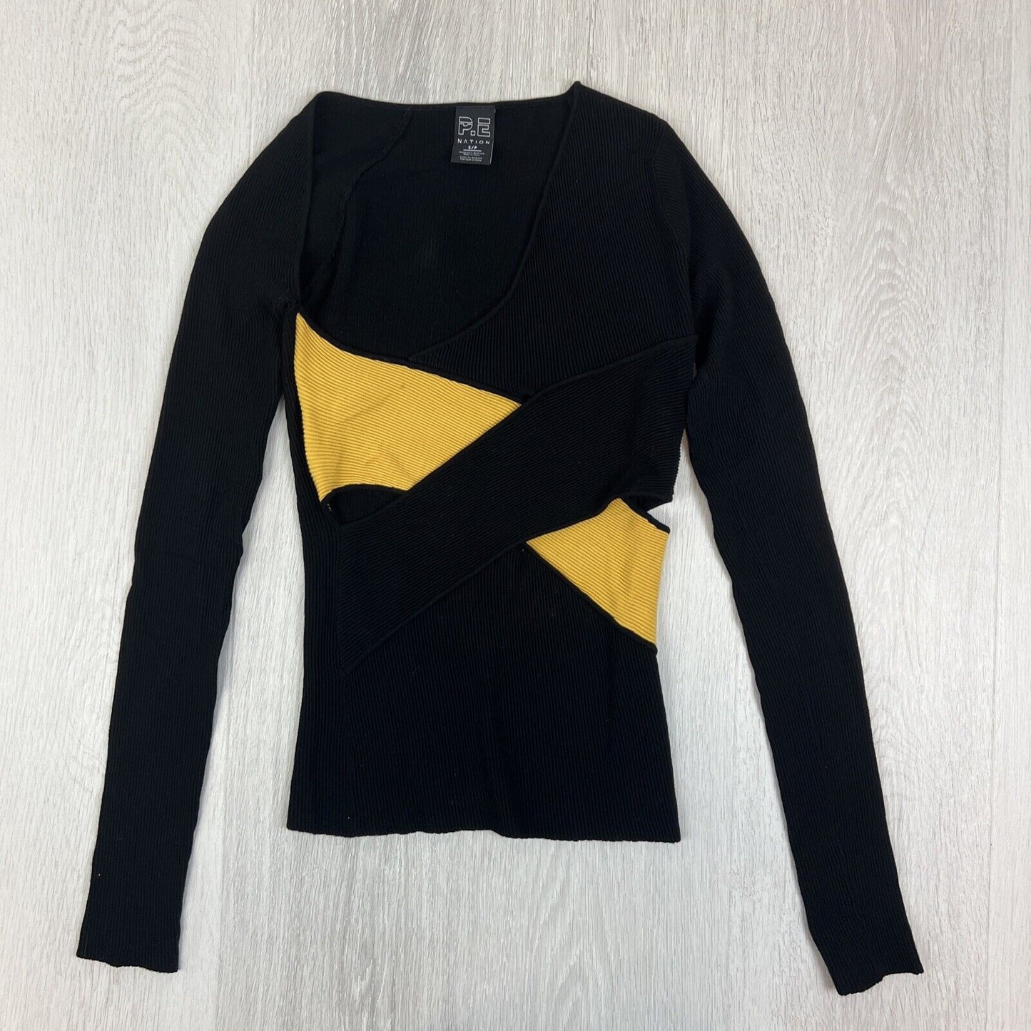 P.E Nation Womens Black Ribbed Cutout Activewear Long Sleeve Top Size Small