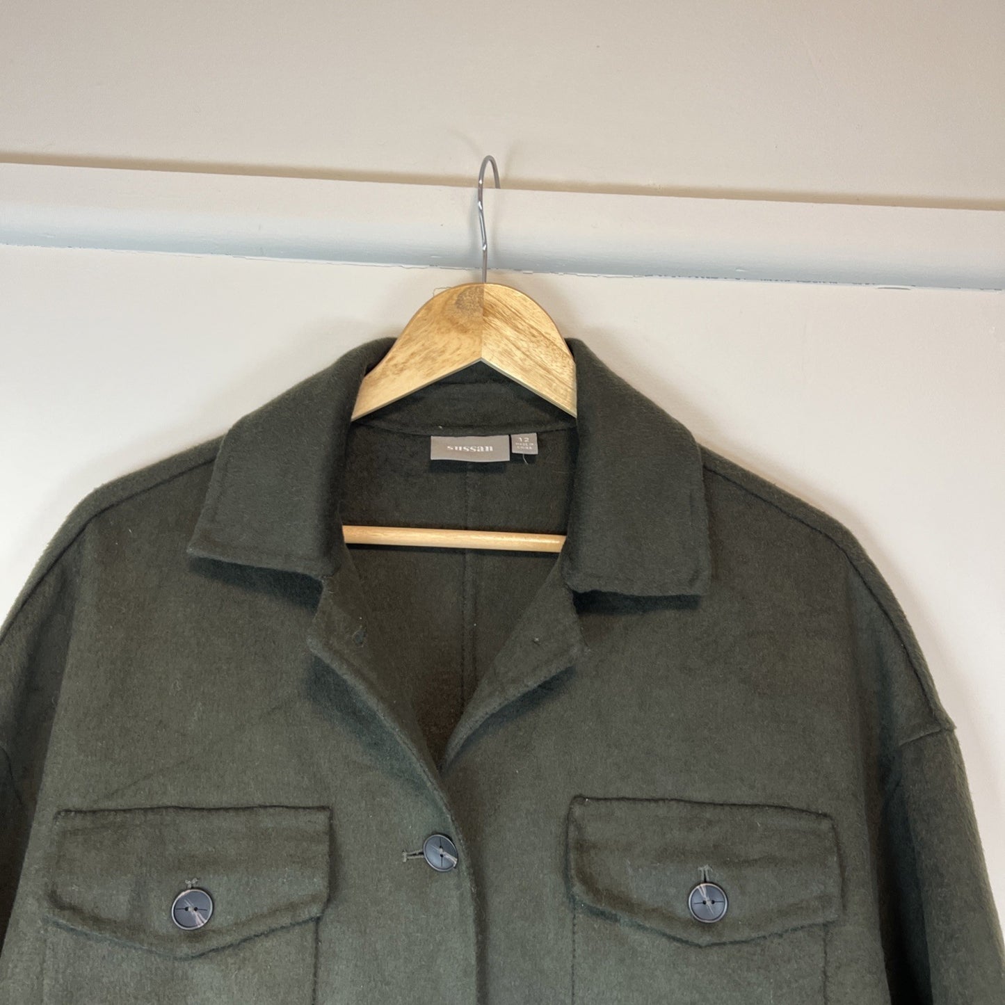 Susan Womens Dark Green Wool Blend Overcoat Jacket Size 12