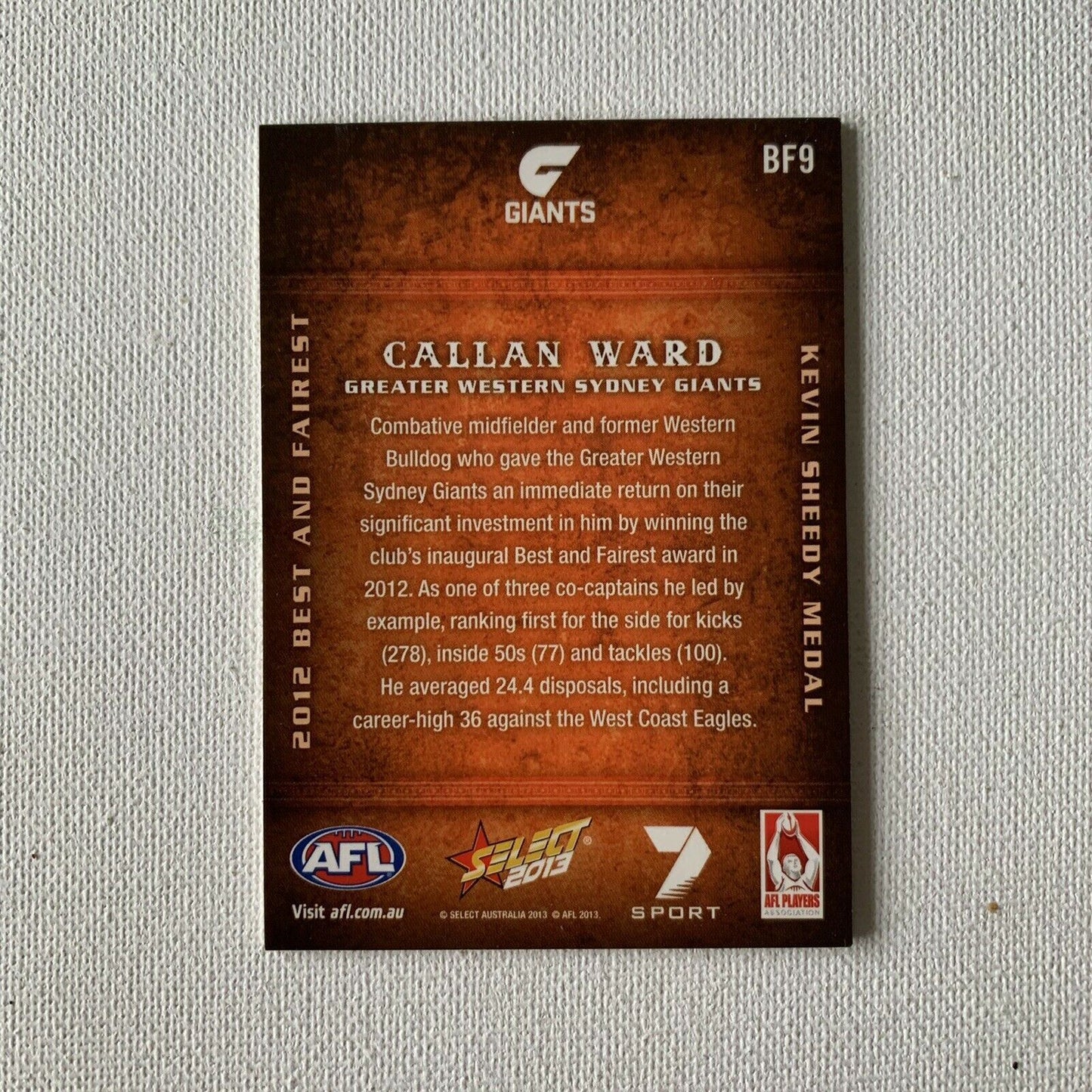Select 2013 AFL Player Cards - Callan Ward GWS Giants (2012 Best & Fairest)