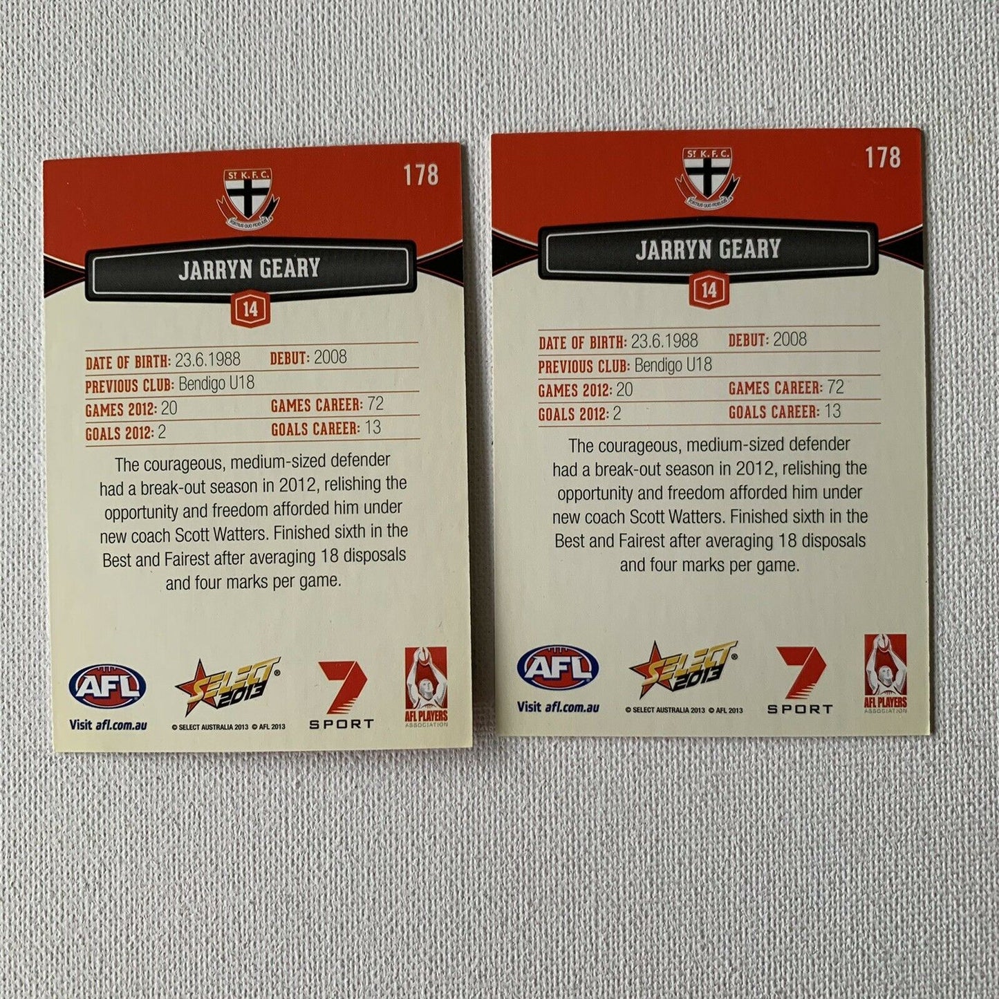 2013 Select AFL Player Cards - 2 x Jarryn Geary St Kilda