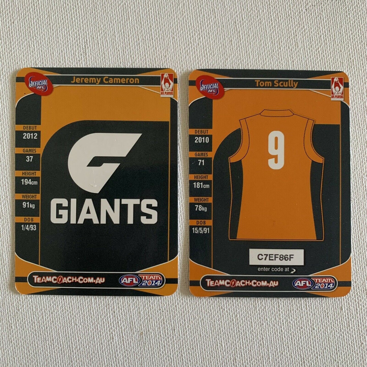 Team Coach 2014 GWS AFL Player Cards Sports Cards Greater Western Sydney
