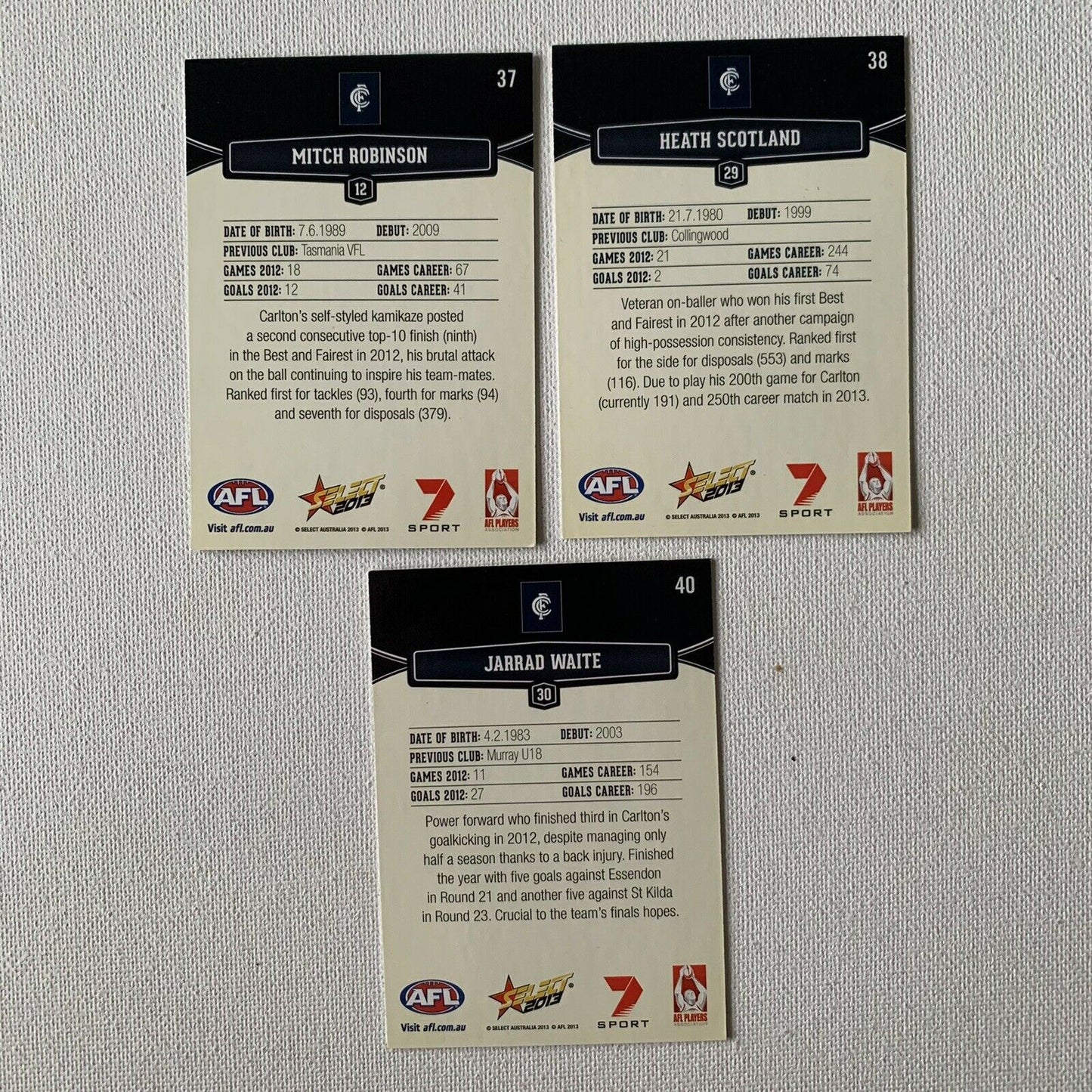 Select 2013 AFL Aussie Rules Collector Sports Cards Carlton Football Club