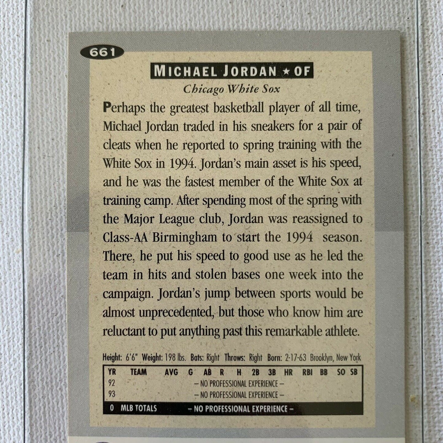 MLB MICHAEL JORDAN 1994 Upper Deck Collector's Choice ROOKIE Trading Card #661