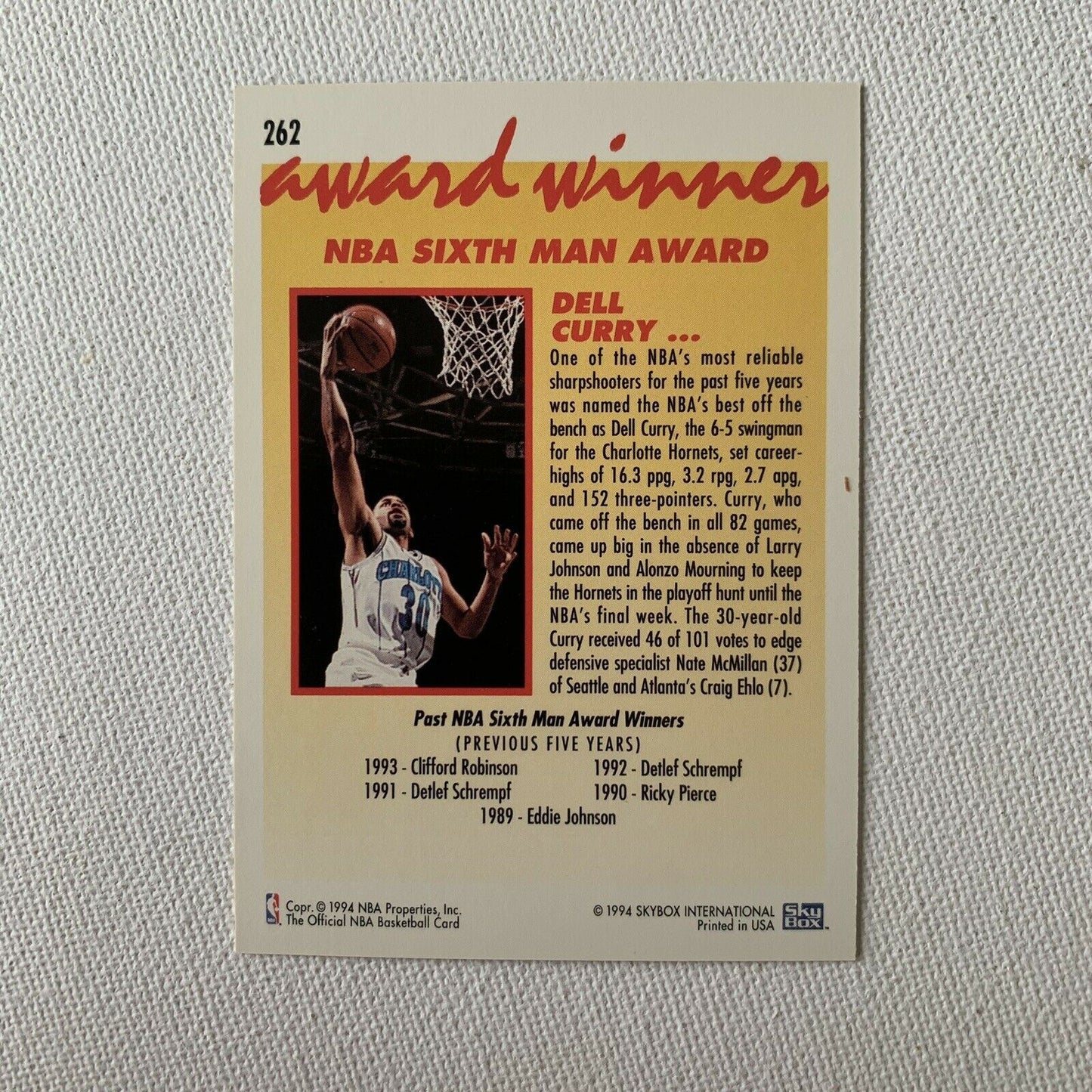 Dell Curry NBA Hoops Player Card 'Sixth Man Award' 1994 (#262) SKYBOX - Hornets