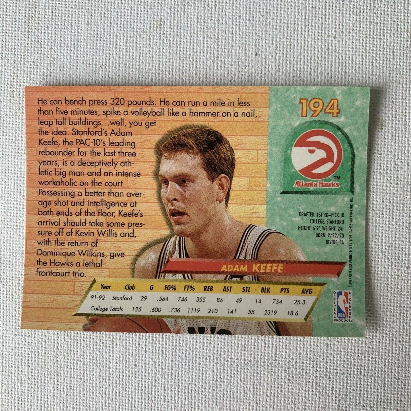 1992-1993 Fleer Ultra Adam Keefe 1st Round Draft Pick Basketball Card