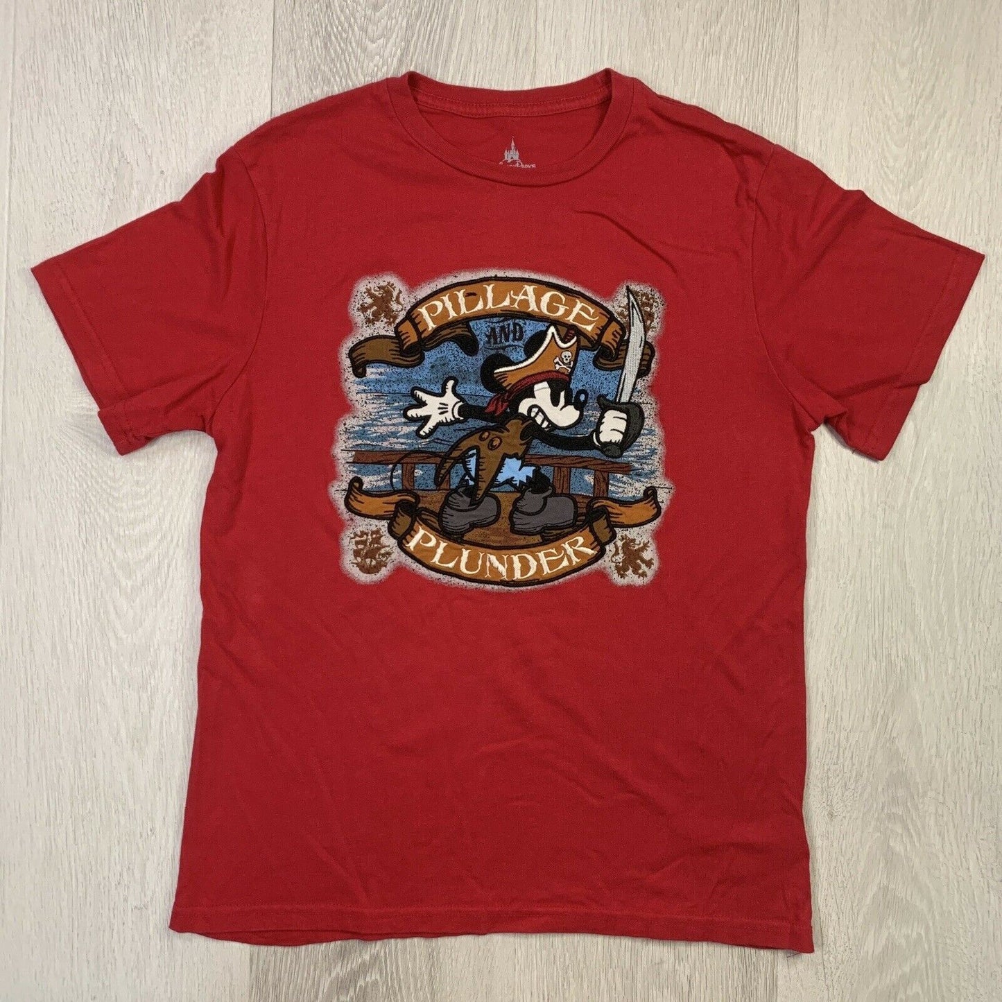 Disney Parks Mickey Mouse Pillage & Plunder Embroidered Red Youth T-Shirt Sz XL