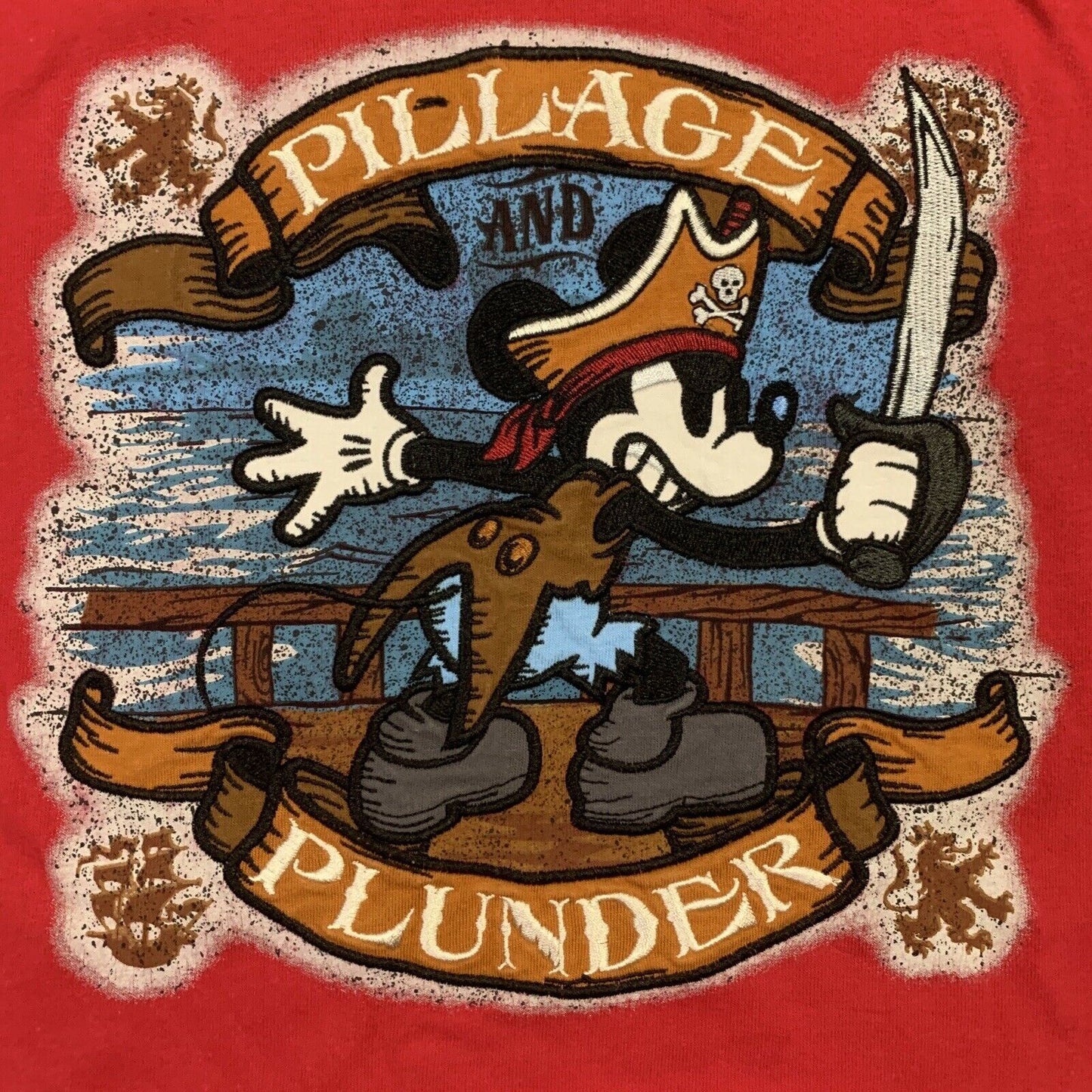 Disney Parks Mickey Mouse Pillage & Plunder Embroidered Red Youth T-Shirt Sz XL