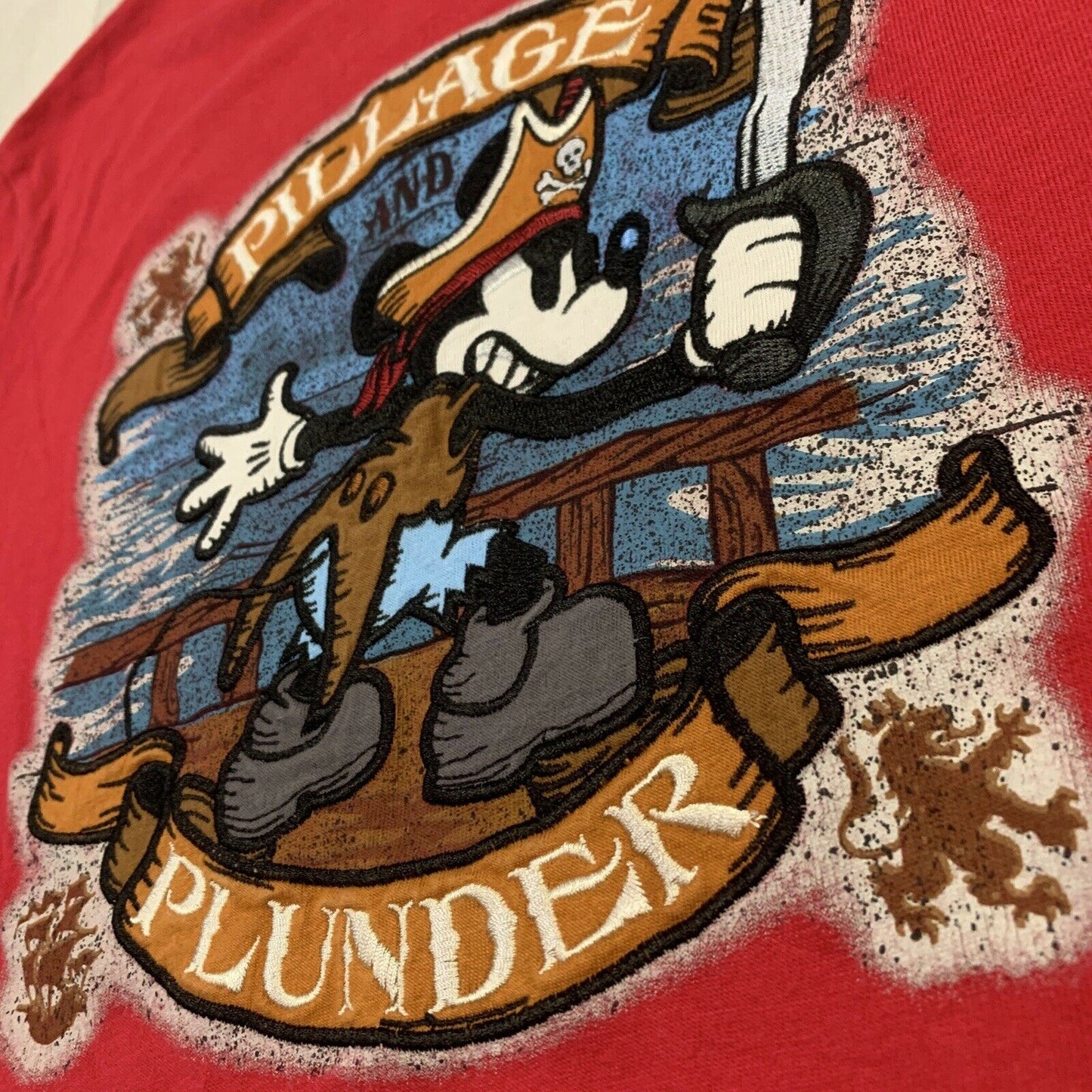 Disney Parks Mickey Mouse Pillage & Plunder Embroidered Red Youth T-Shirt Sz XL