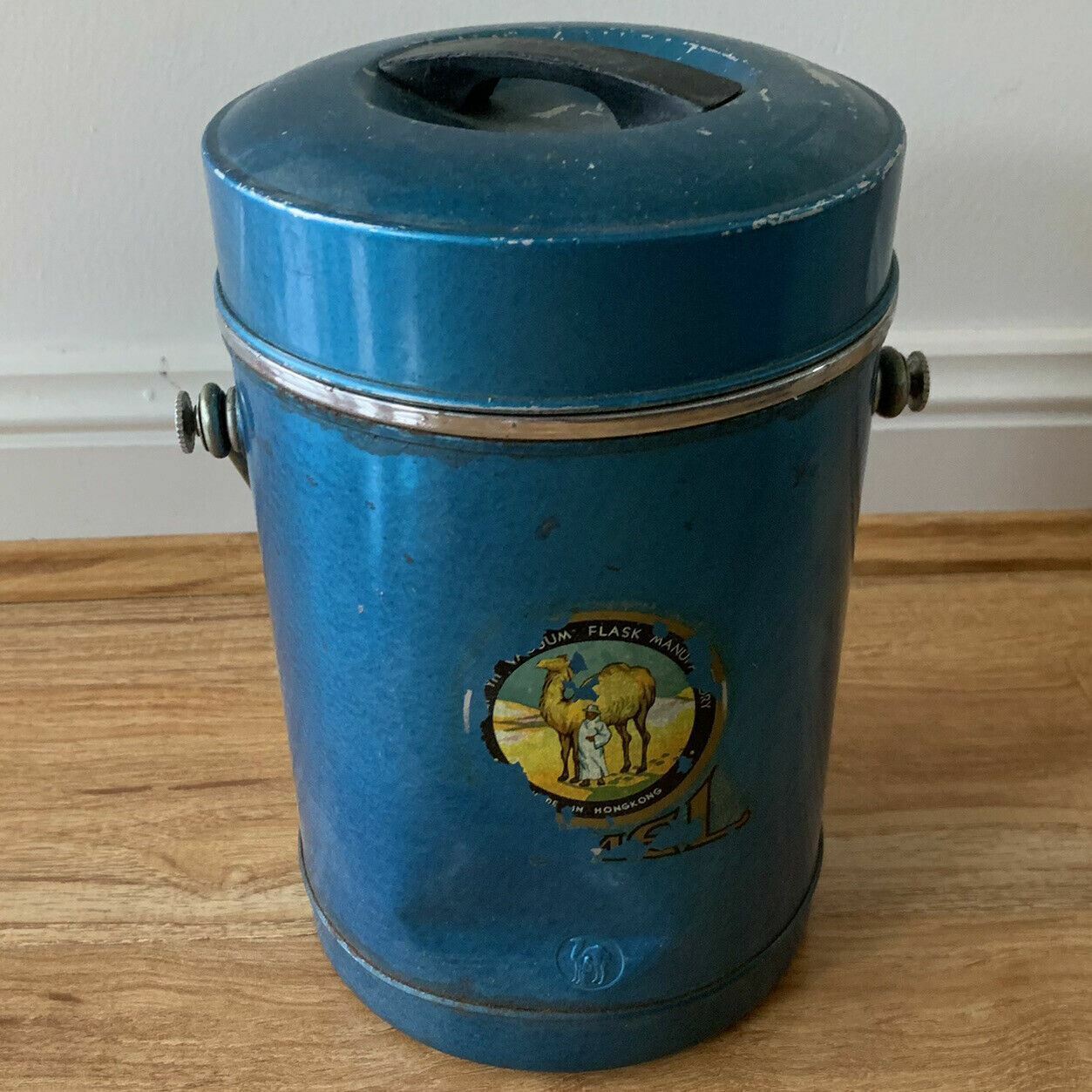 Vintage Blue Camel Cigarette Company Metal Thermos