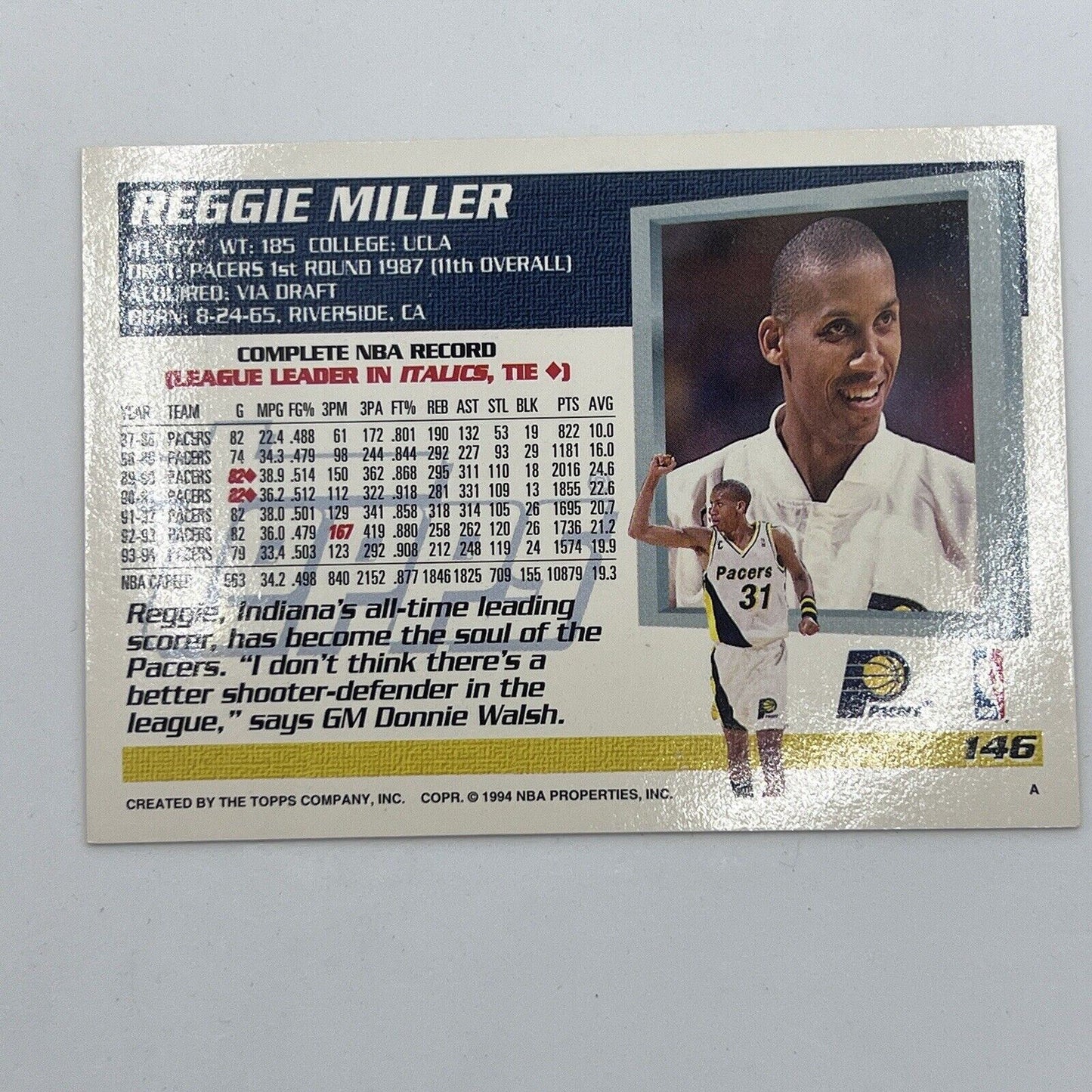 Topps 1994 Reggie Miller Indiana Pacers Collectors Card