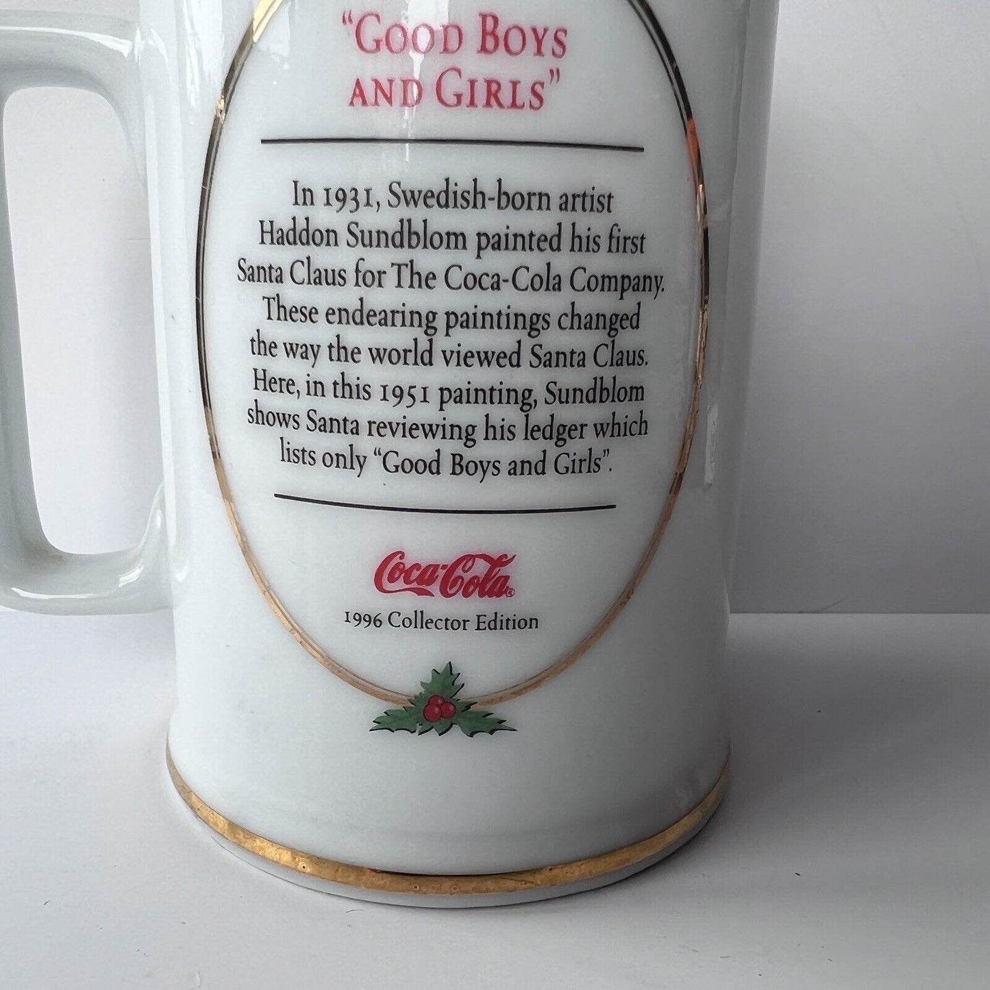 Coca-Cola white Christmas Mug 1996 “Good Boys & Girls”