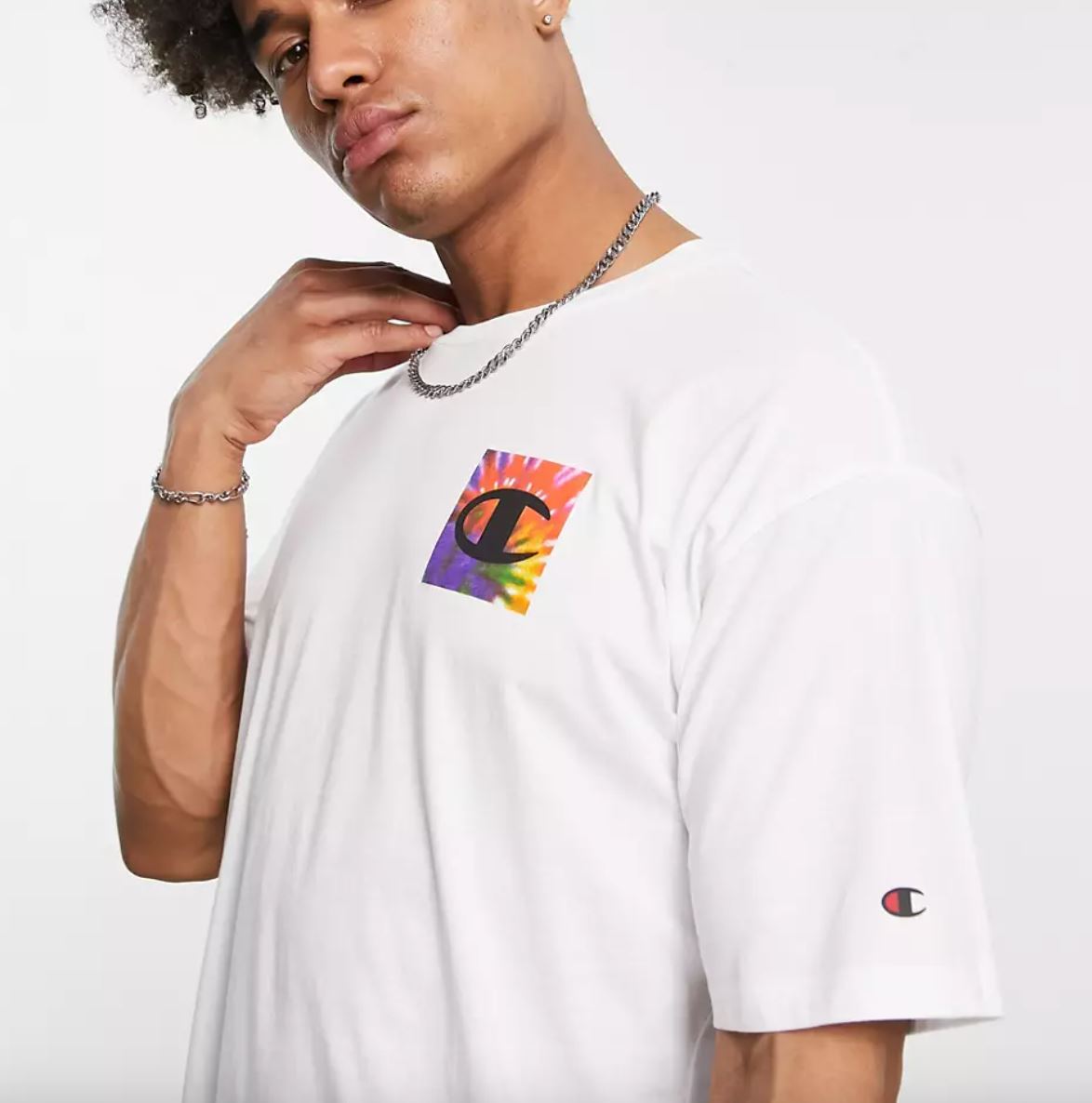 Champion Mens White T-Shirt With Tie-Dye Print Size Medium