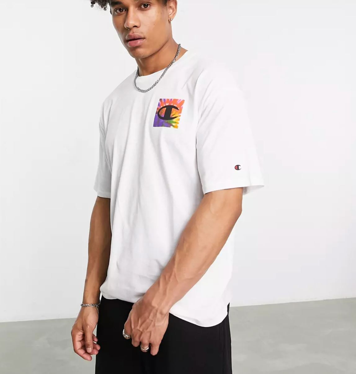 Champion Mens White T-Shirt With Tie-Dye Print Size Medium