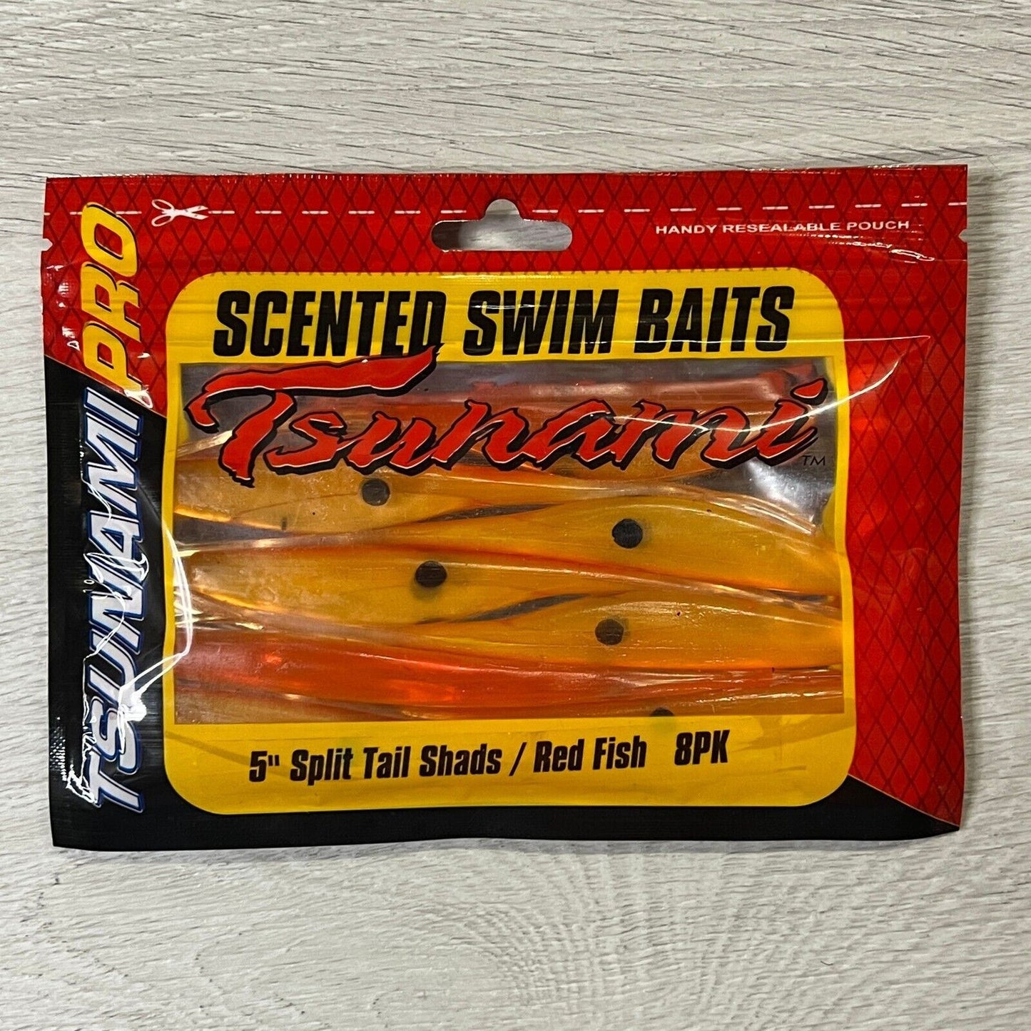 Tsunami Pro Scented Swim Baits 5" Split Tail Shads / Red Fish - 8 Pack