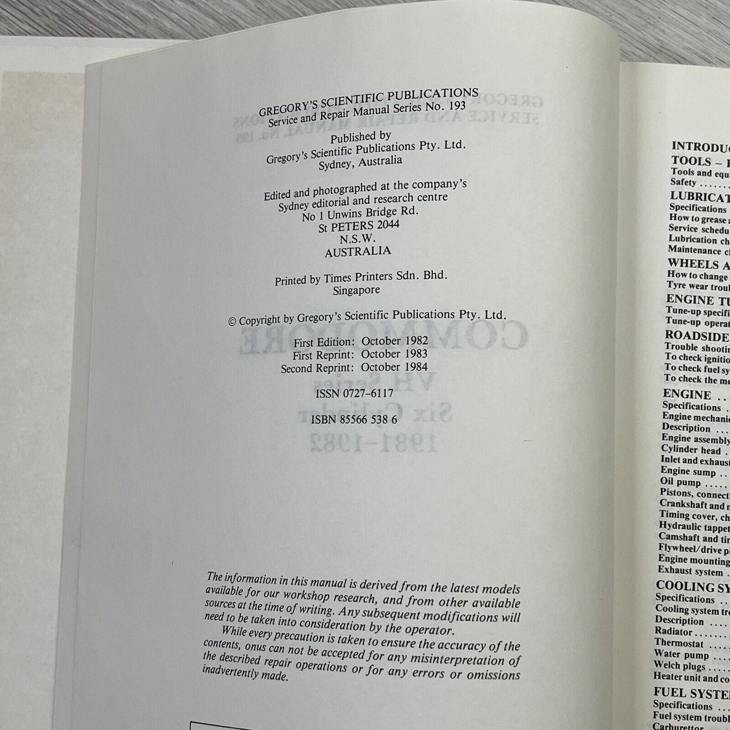 Gregorys Holden Commodore VH Series 6 CYL. Service & Repair Manual