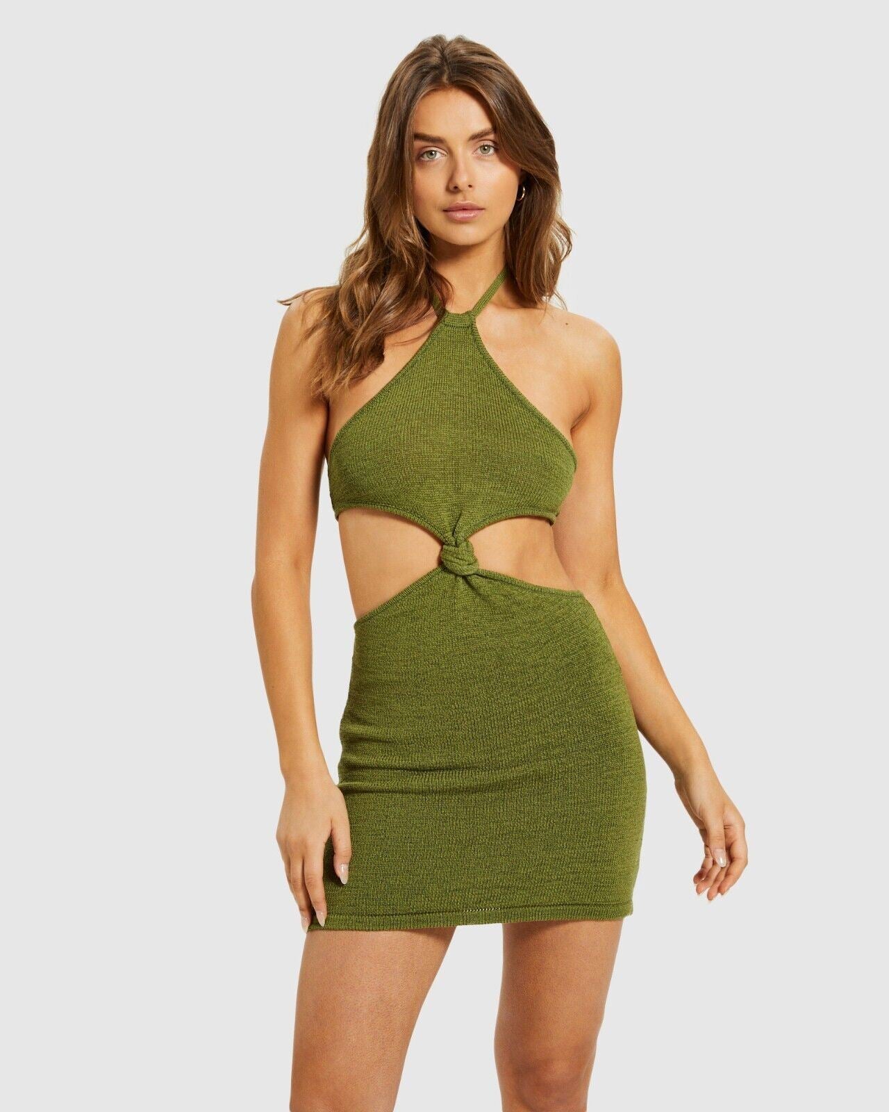 Subtitled Font Knot Halter Neck Knit Khaki Dress Size M (New)