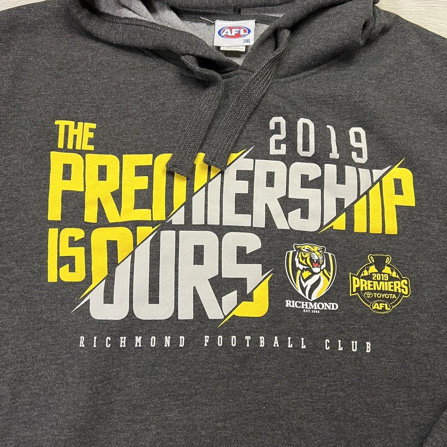AFL Richmond Tigers 2019 Premiers Mens Charcoal Hoodie Size 3XL