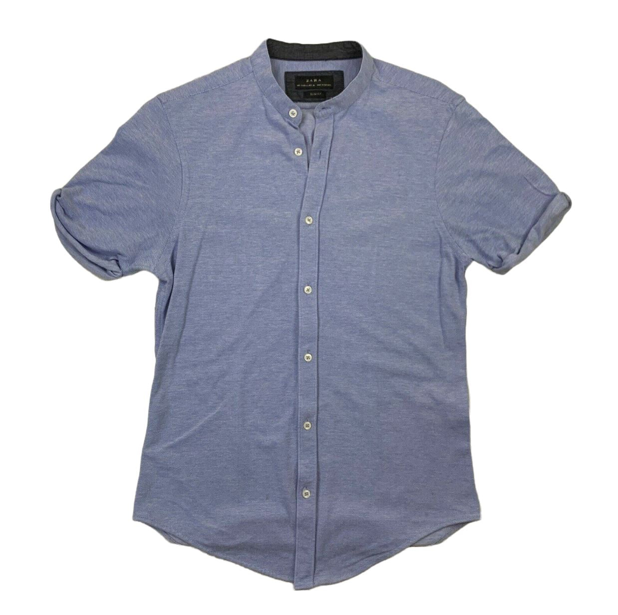 Zara Grandad Collar Blue Button Up Polo Shirt Slim Fit Size Small