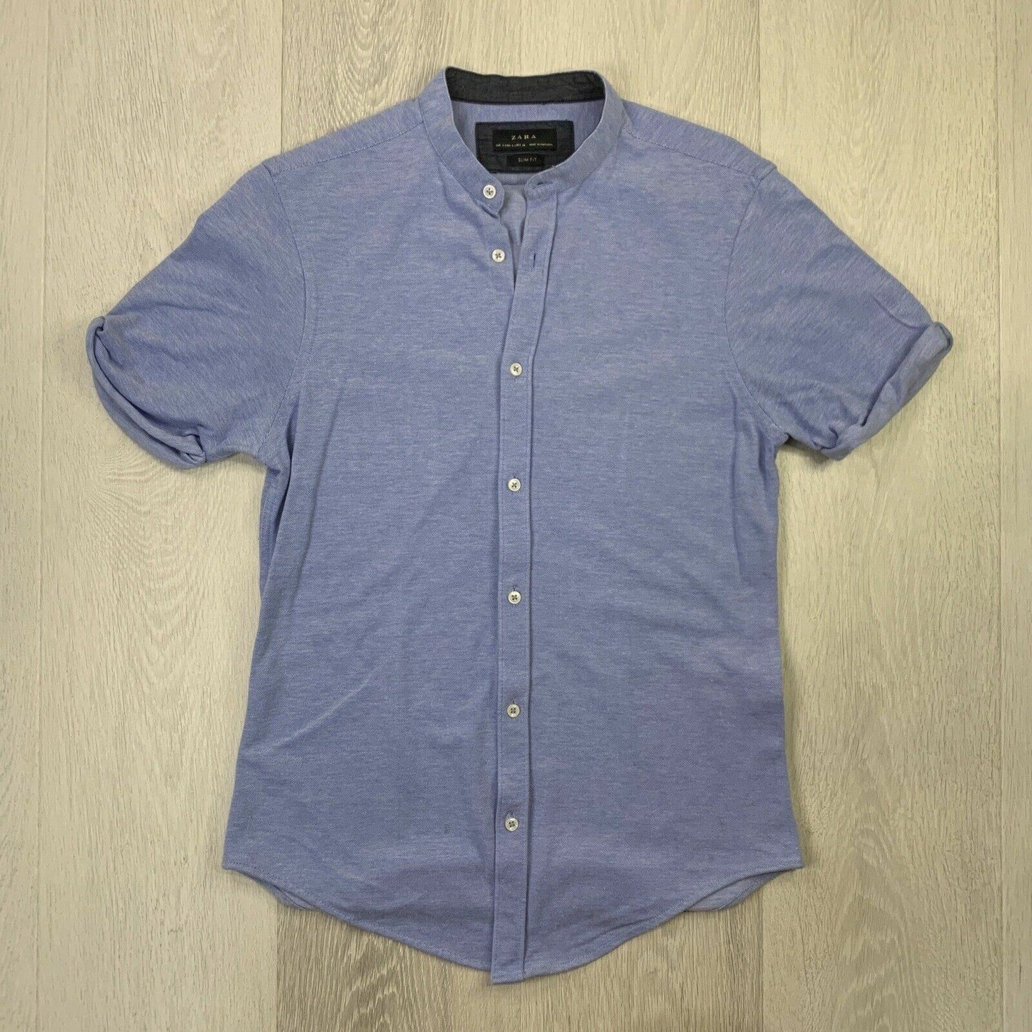 Zara Grandad Collar Blue Button Up Polo Shirt Slim Fit Size Small