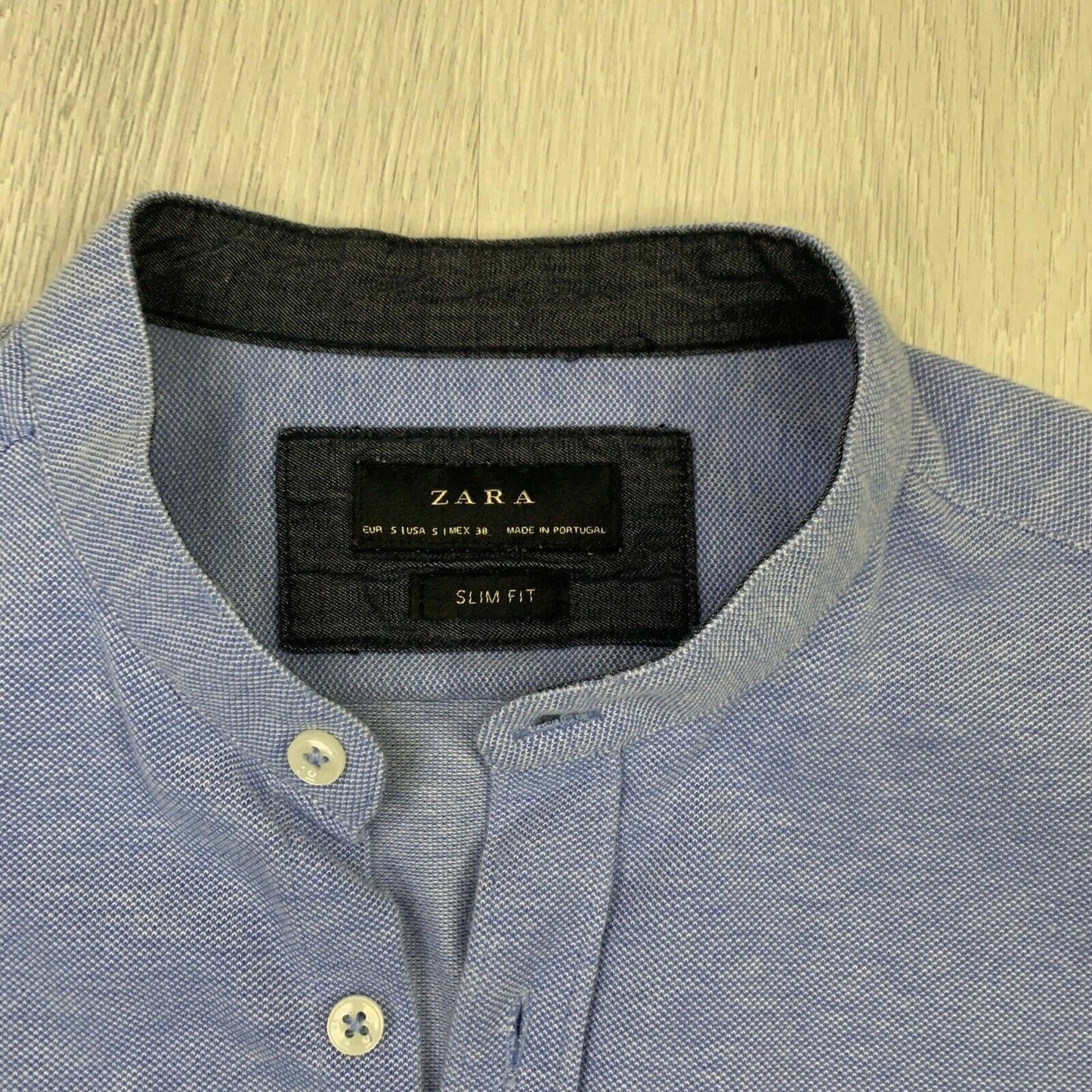 Zara Grandad Collar Blue Button Up Polo Shirt Slim Fit Size Small
