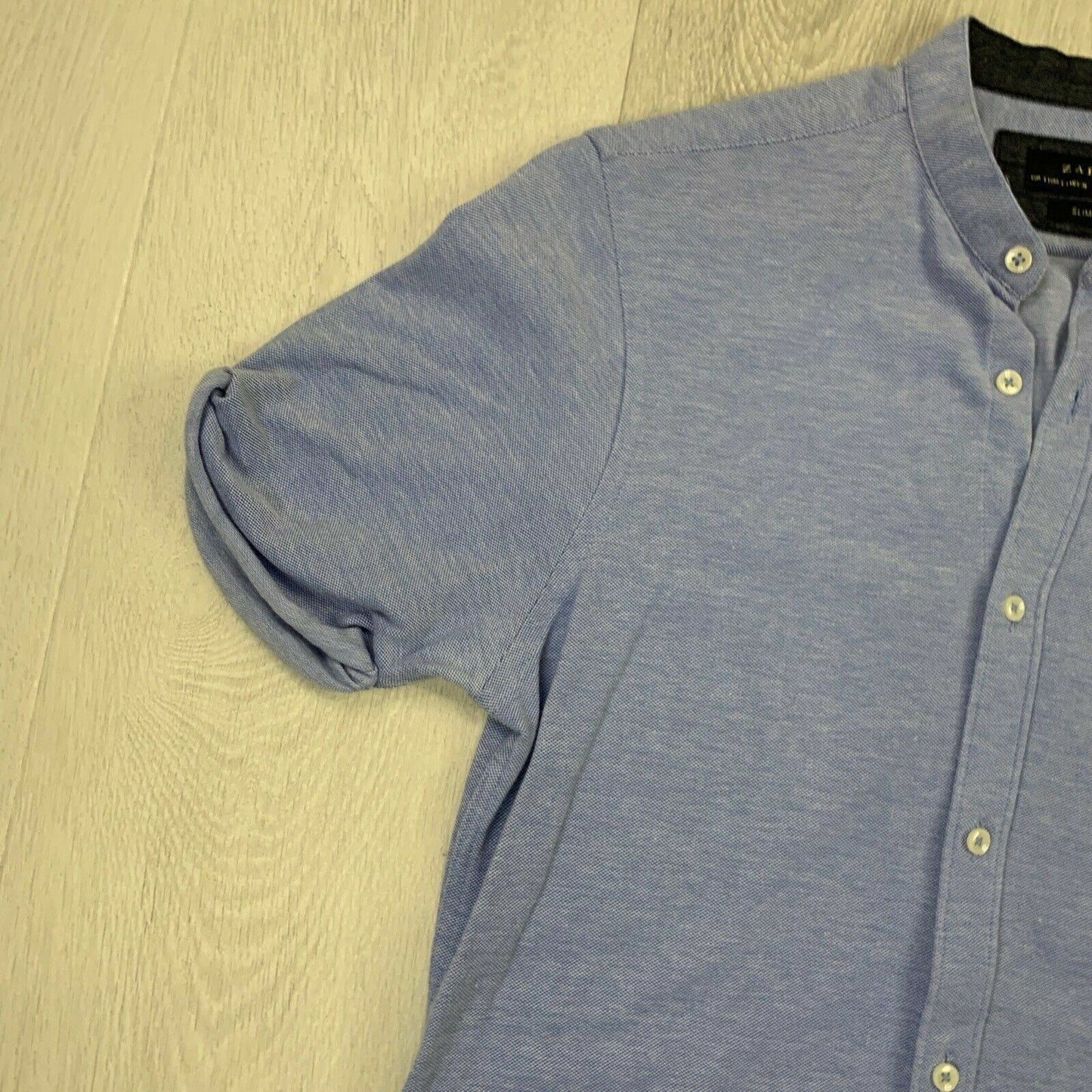 Zara Grandad Collar Blue Button Up Polo Shirt Slim Fit Size Small