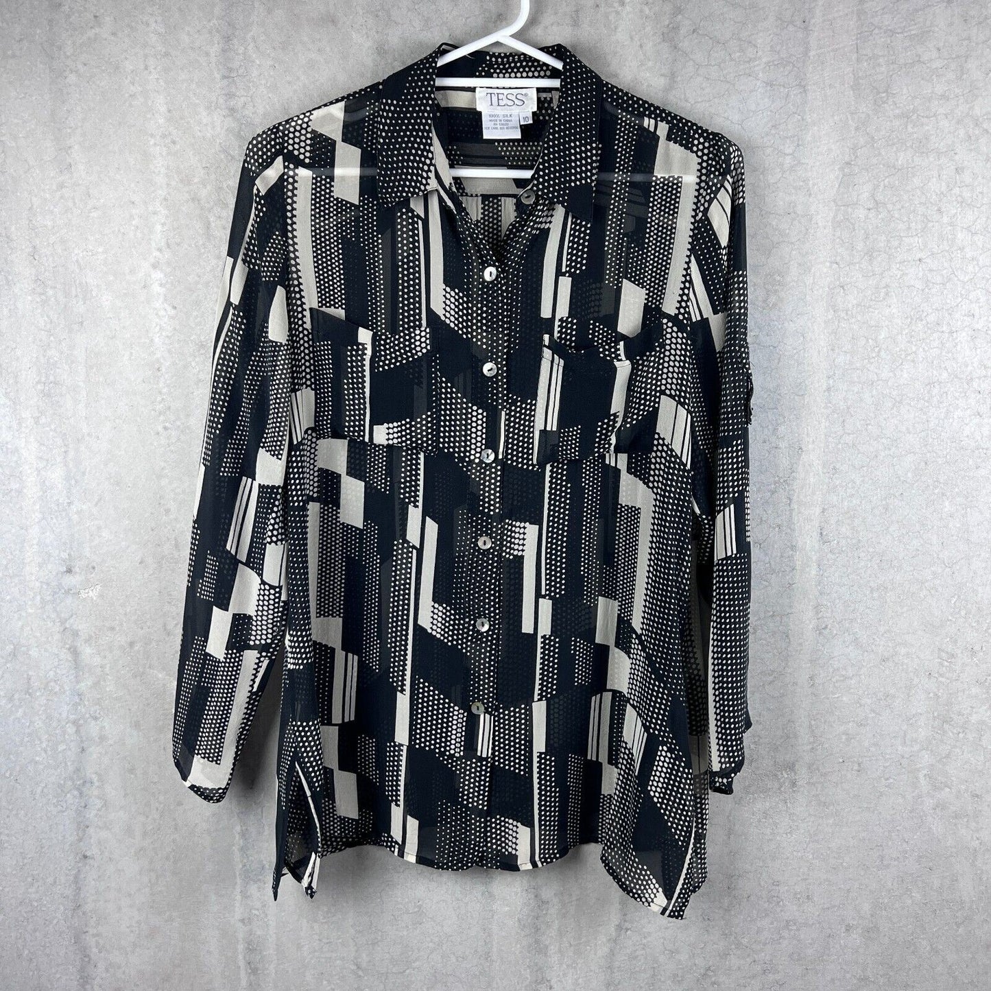 Tess 100% Silk Womens Sheer Button Up Long Sleeve Shirt Size 10