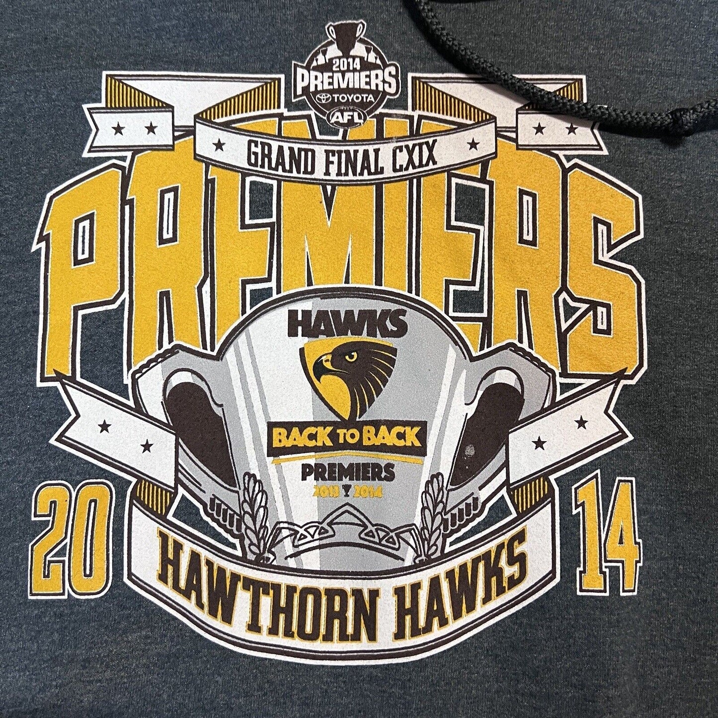 AFL Hawthorn Hawks 2014 Back 2 Back Premiers Mens Pullover Hoodie Size Large