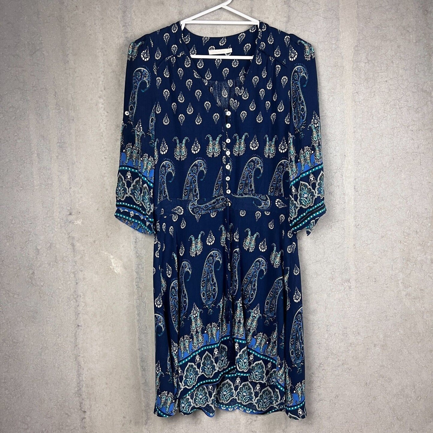 Le Salty Label Navy Blue Paisley Print Midi Bohemian Dress Size Medium