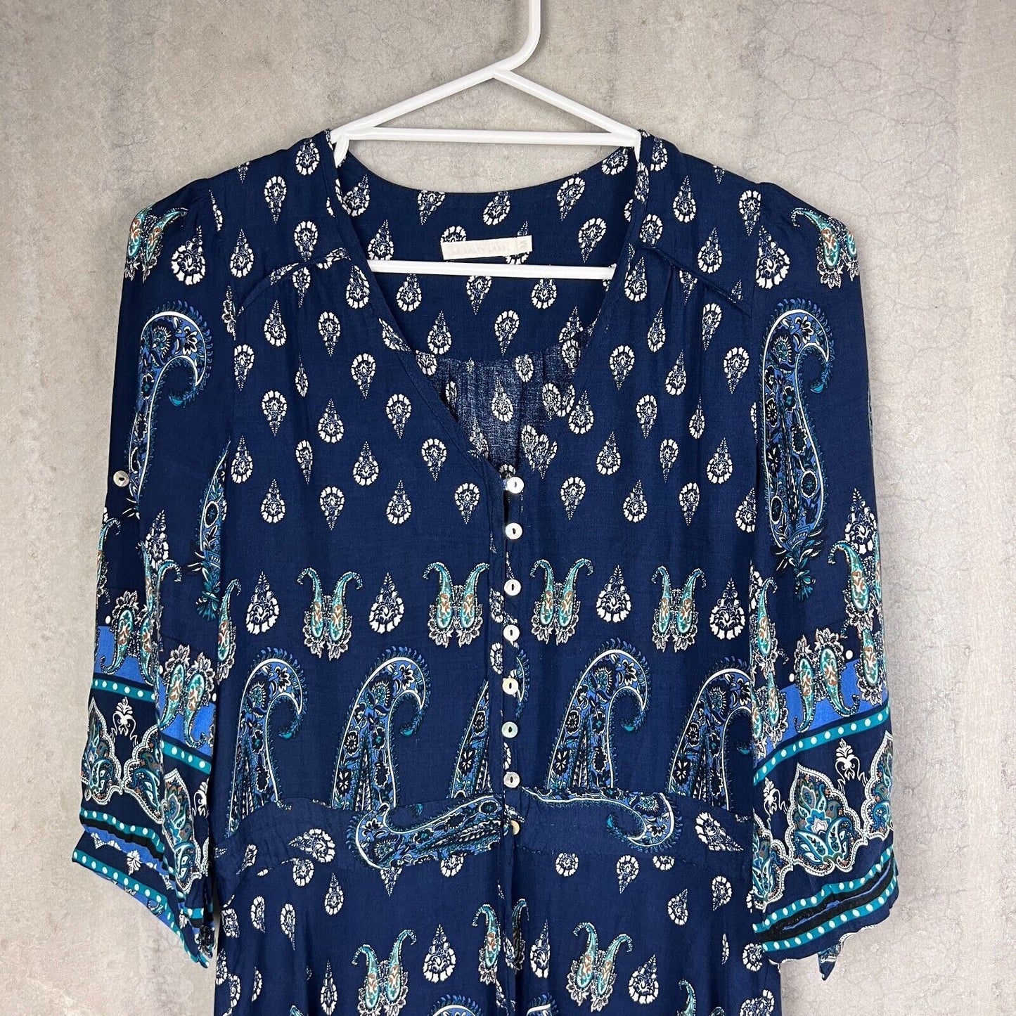 Le Salty Label Navy Blue Paisley Print Midi Bohemian Dress Size Medium