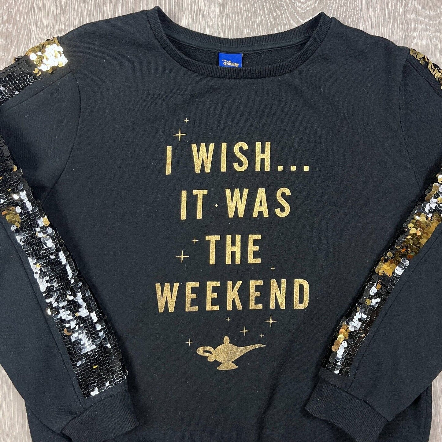 Disney Aladdin Womens Black Sequin Sleeved Pullover Jumper Size Small