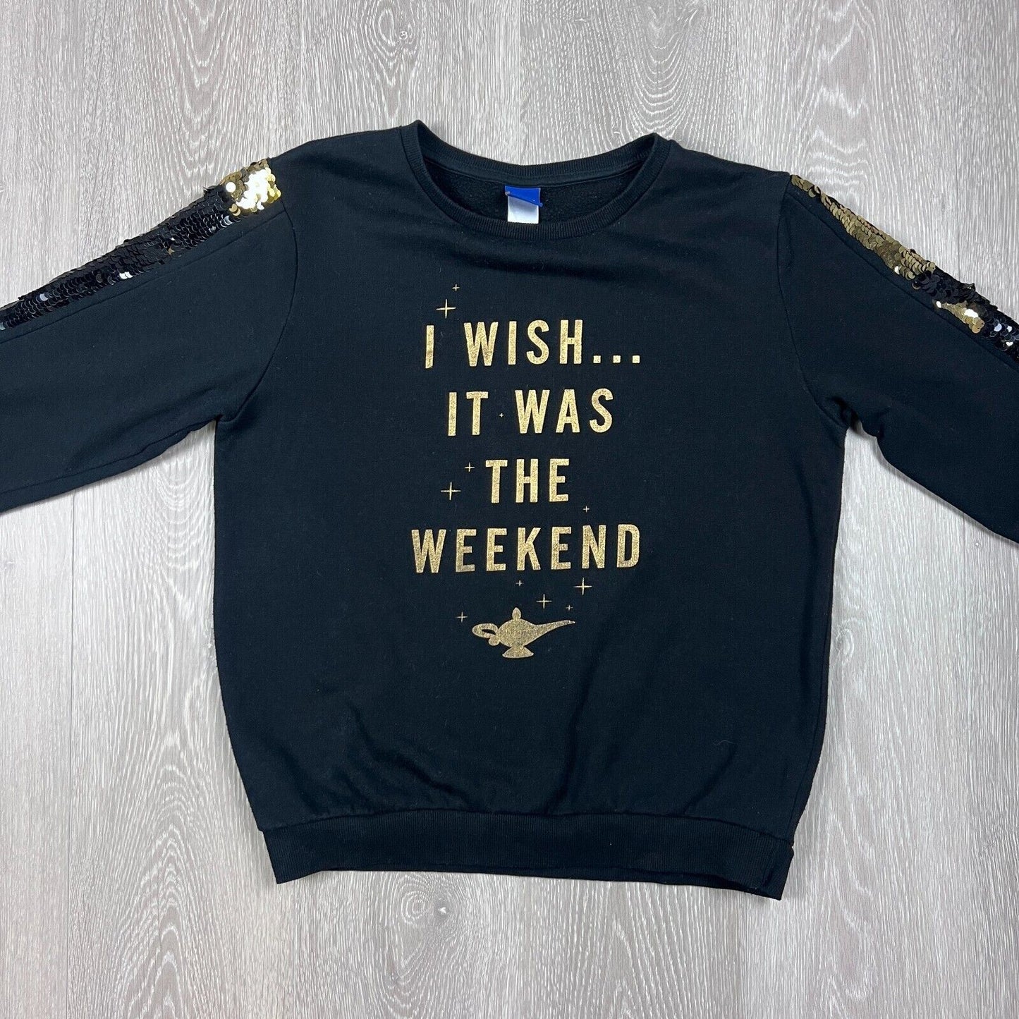 Disney Aladdin Womens Black Sequin Sleeved Pullover Jumper Size Small