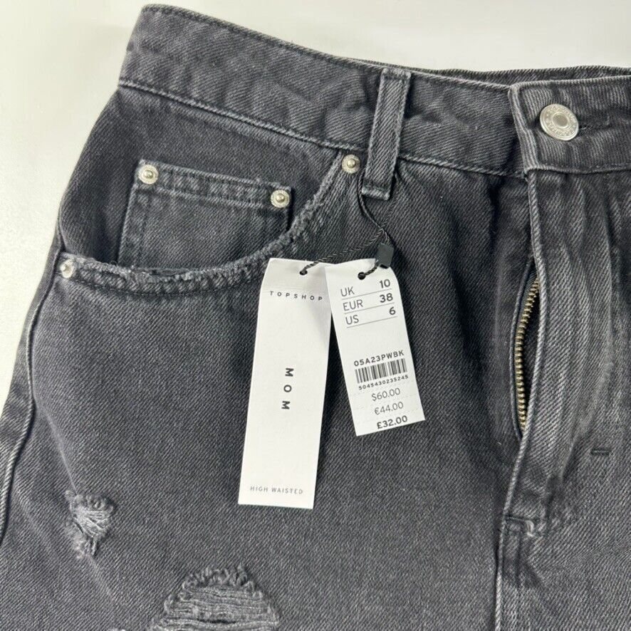 Topshop Mom Womens Black Denim Distressed Shorts Size 10 (New)
