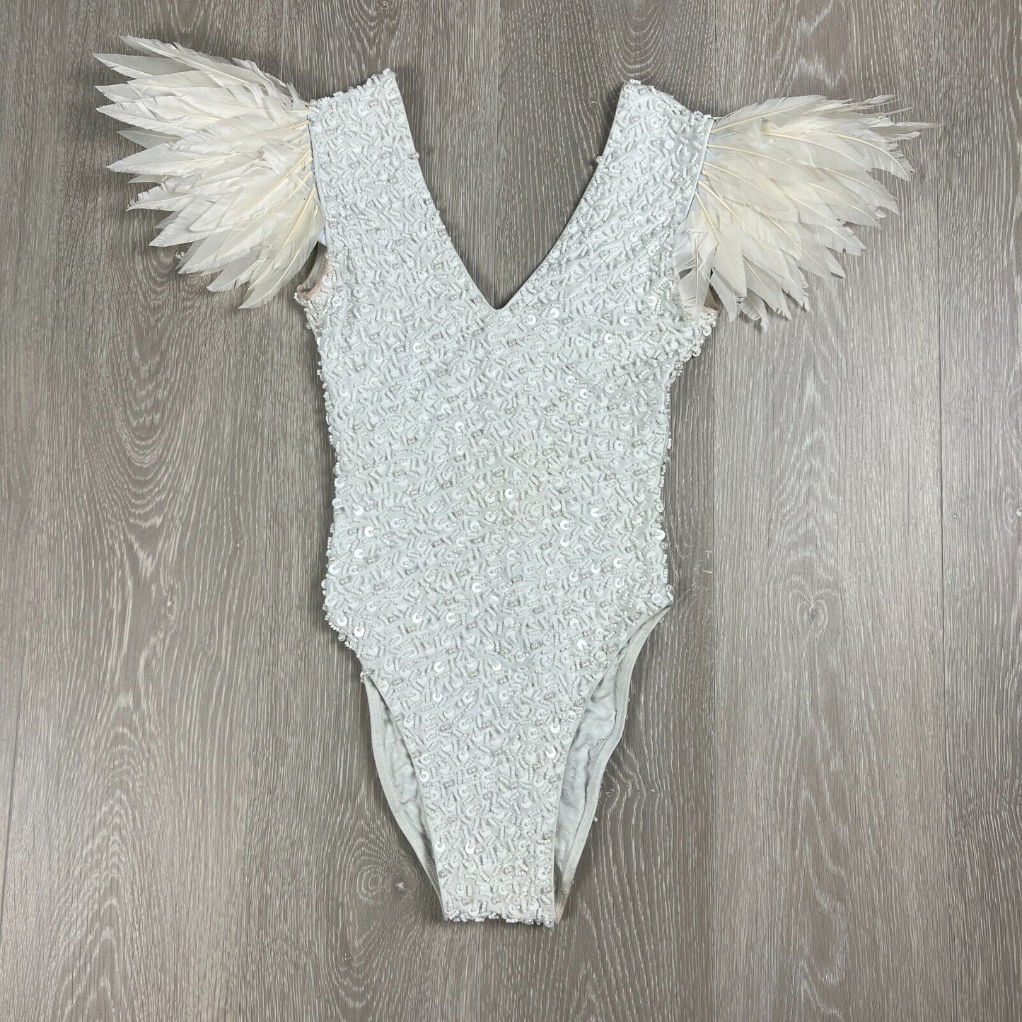 House Of Priscilla White Beaded Feathered Leotard Adults Size 6