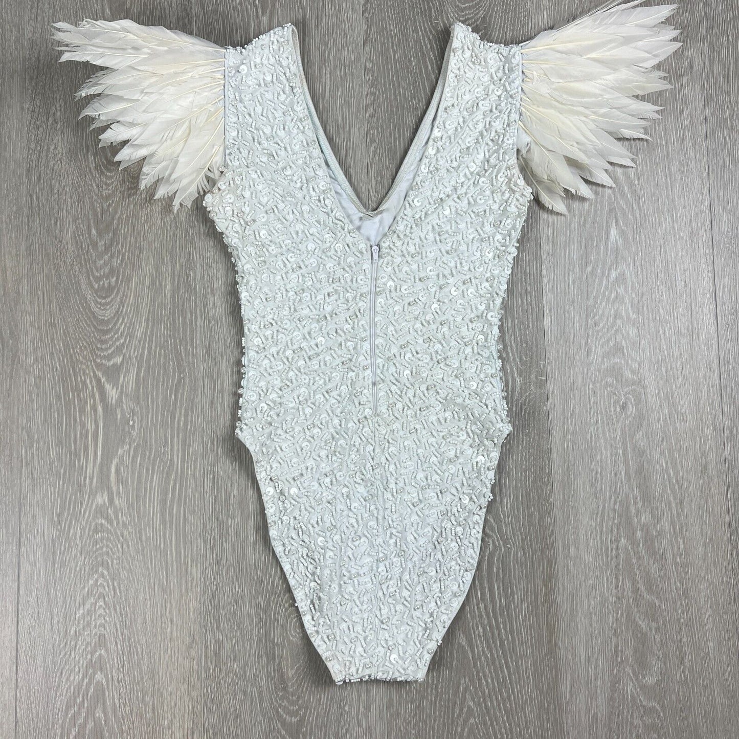 House Of Priscilla White Beaded Feathered Leotard Adults Size 6