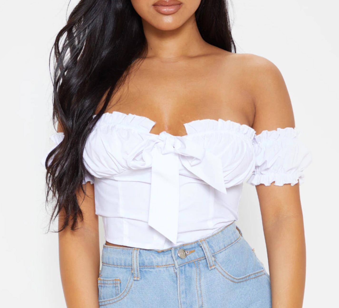 PrettyLittleThing Petite White Frill Detail Crop Blouse Size 10 (New)