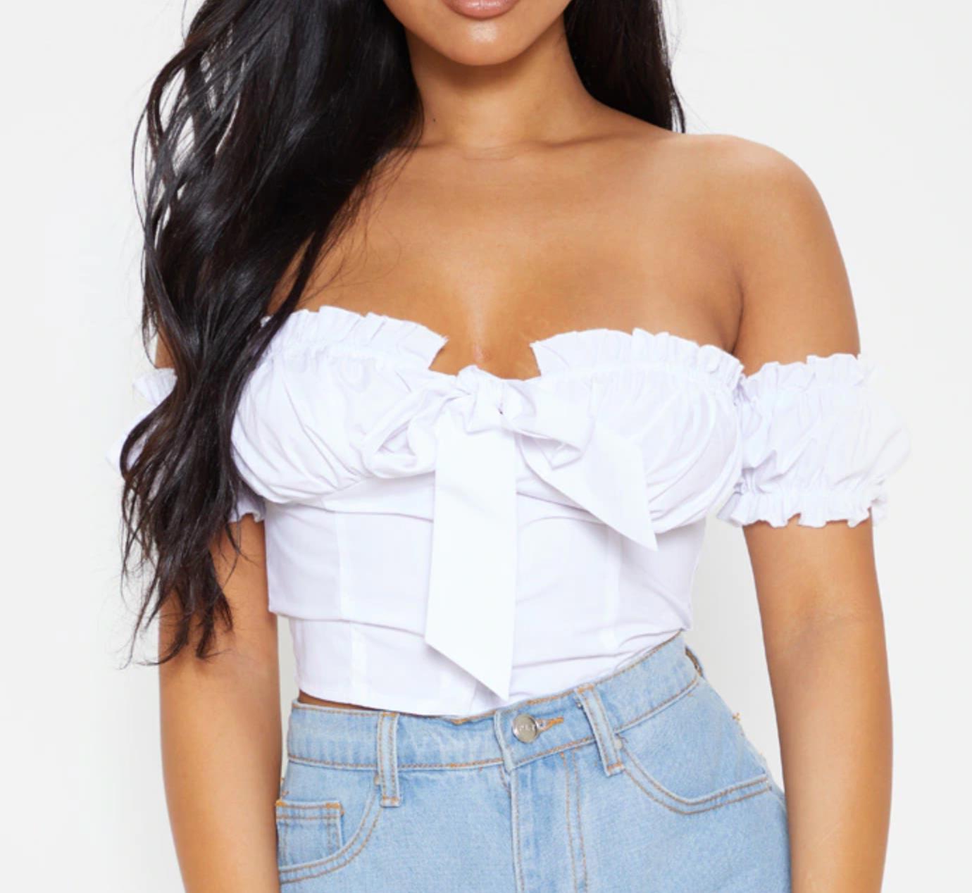 PrettyLittleThing Petite White Frill Detail Crop Blouse Size 10 (New)