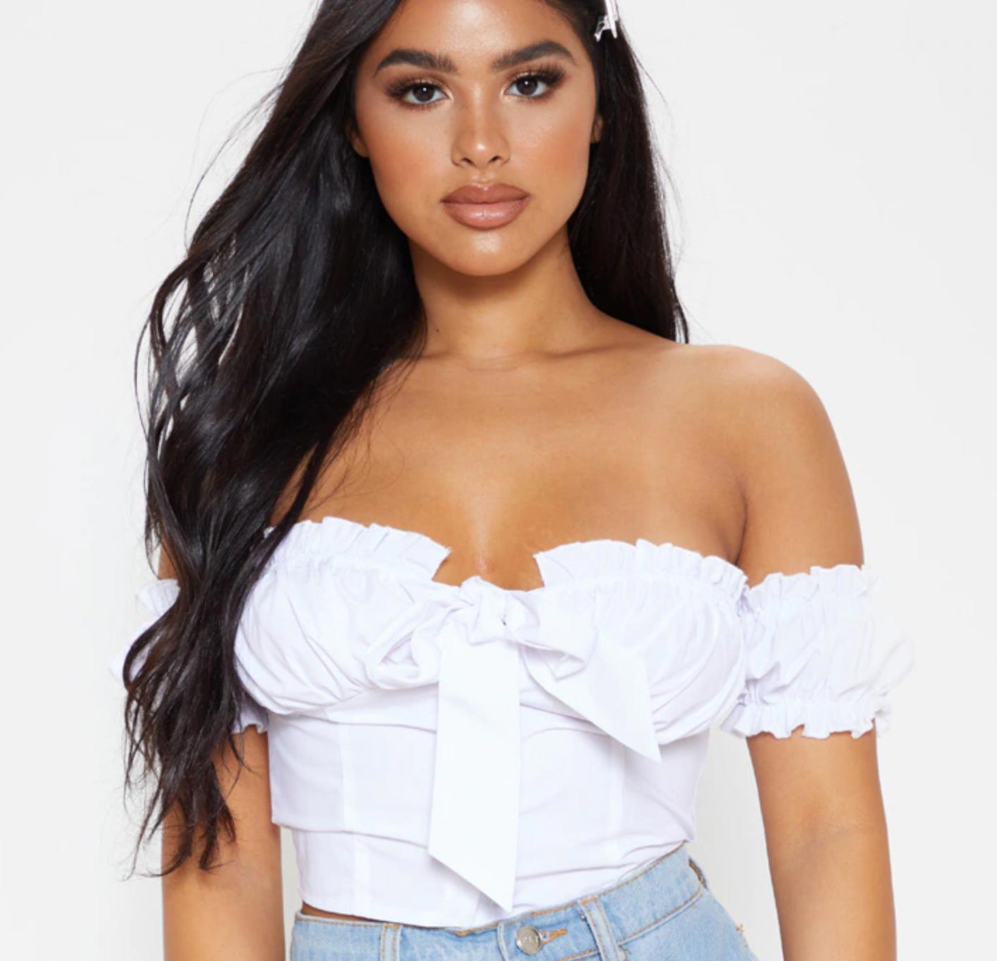 PrettyLittleThing Petite White Frill Detail Crop Blouse Size 10 (New)