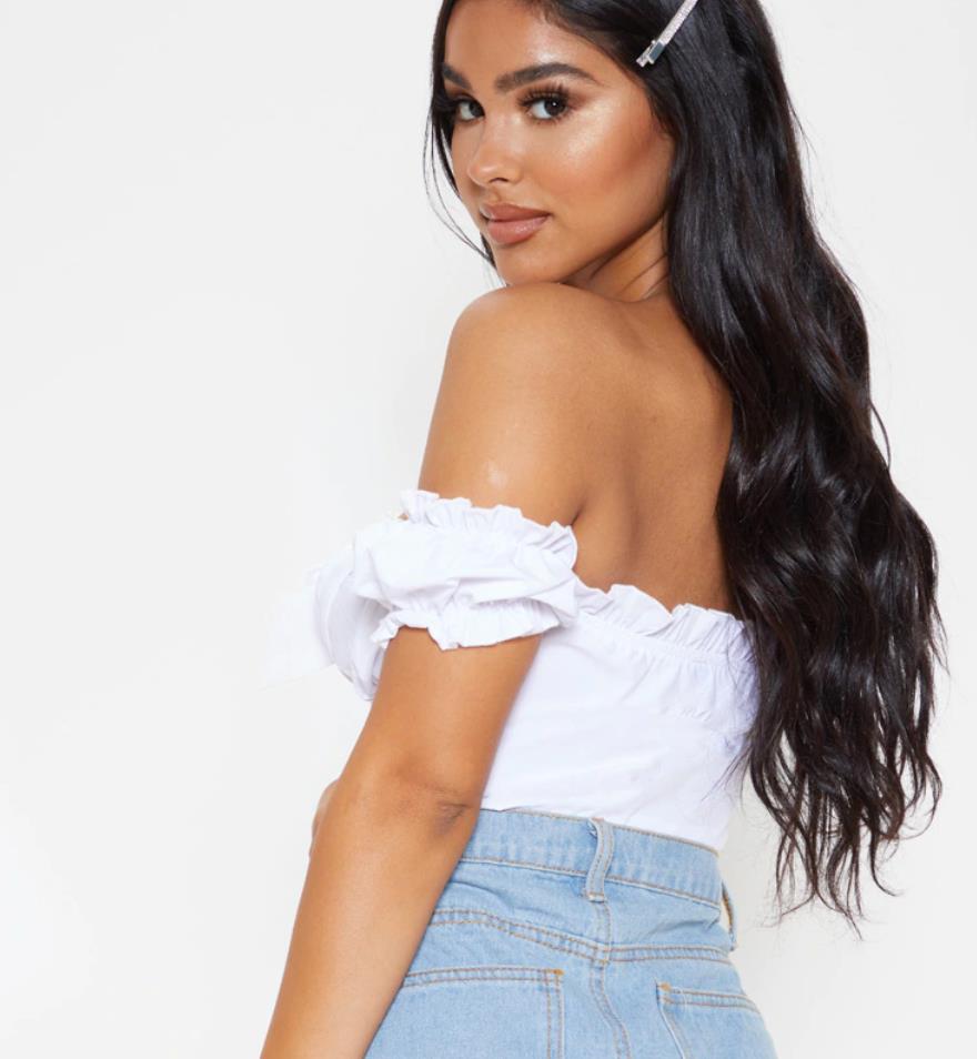 PrettyLittleThing Petite White Frill Detail Crop Blouse Size 10 (New)