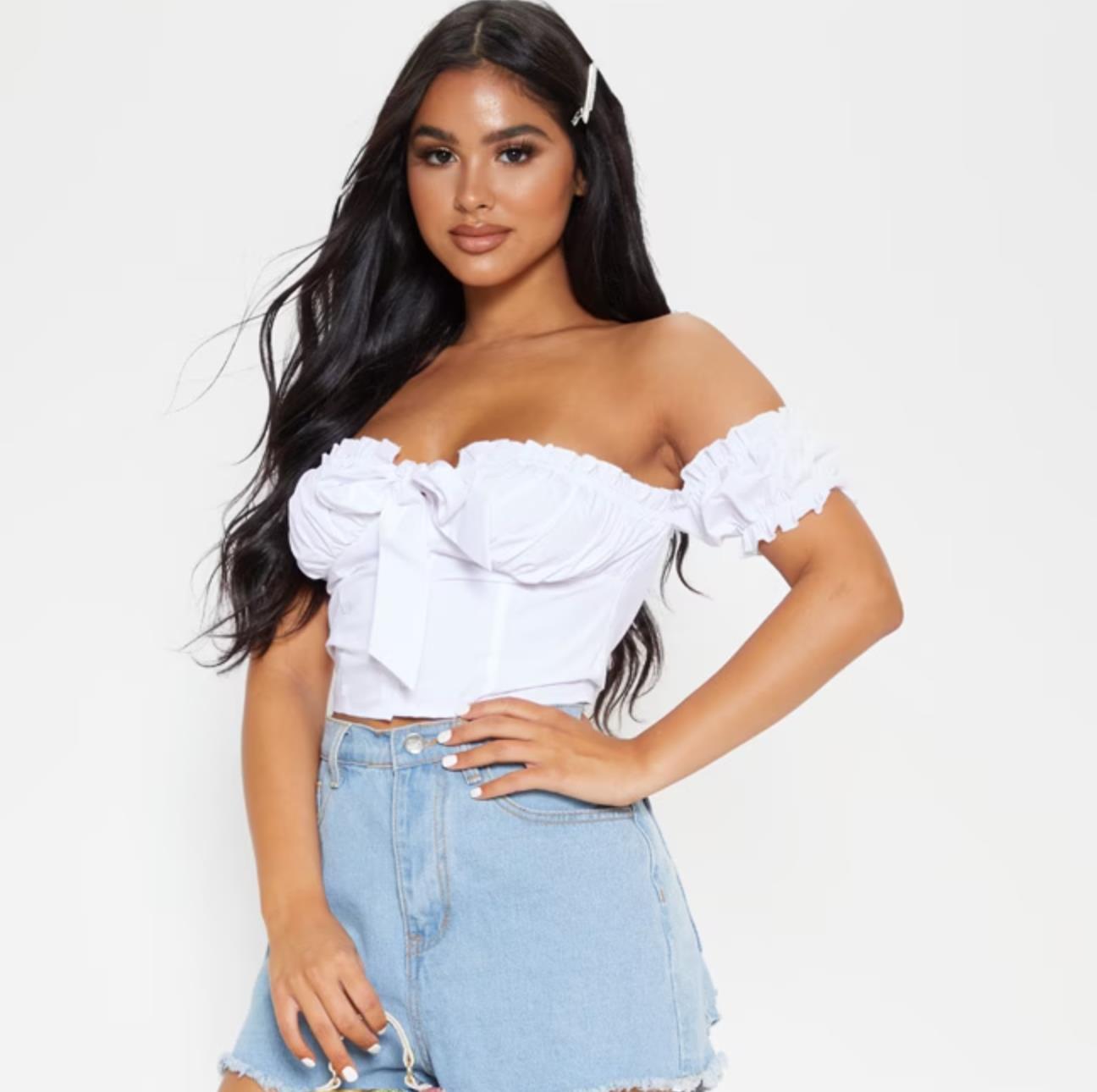 PrettyLittleThing Petite White Frill Detail Crop Blouse Size 10 (New)
