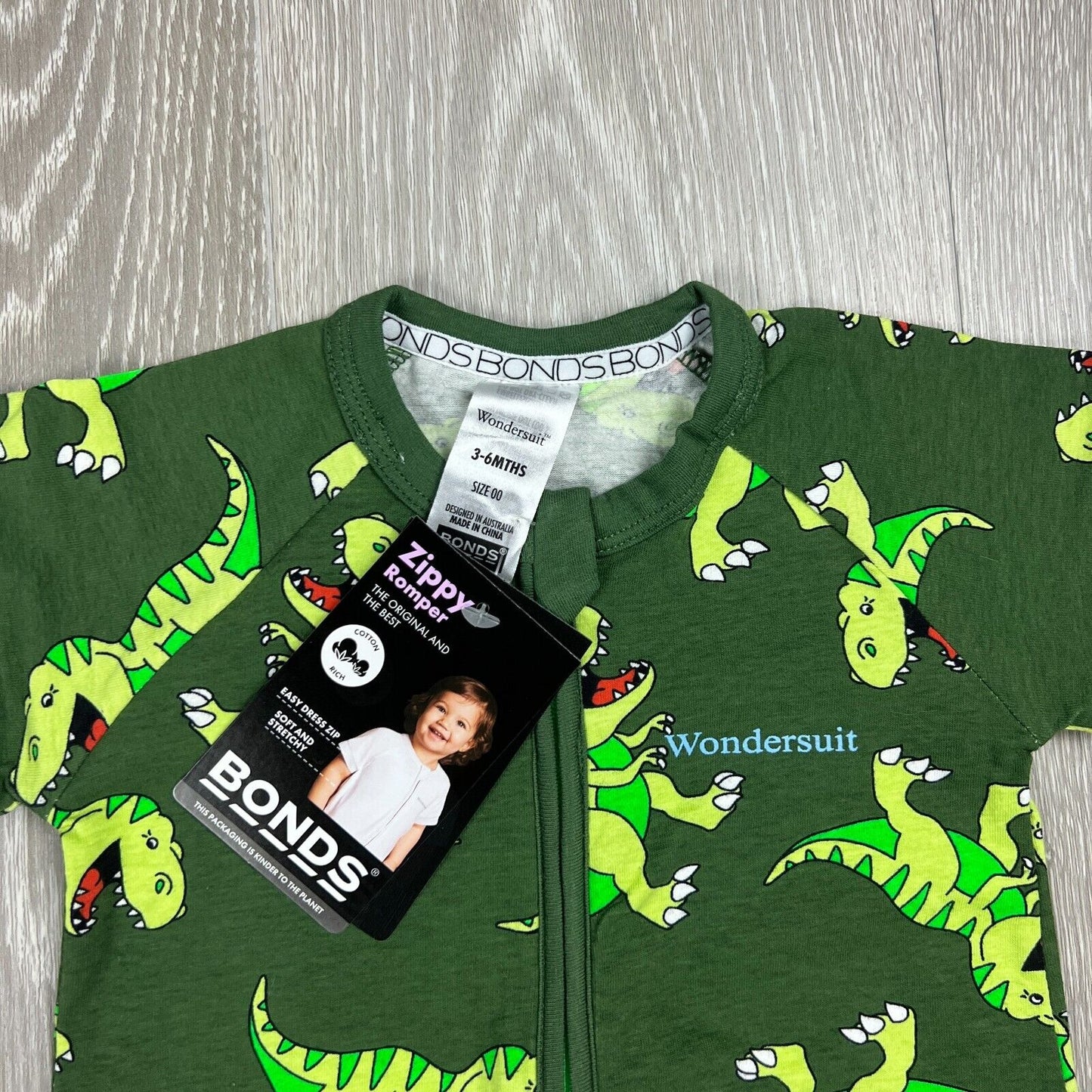 Bonds Wondersuit Zippy Romber Green Dinosaur T-Rex Size 3-6 Months (new)